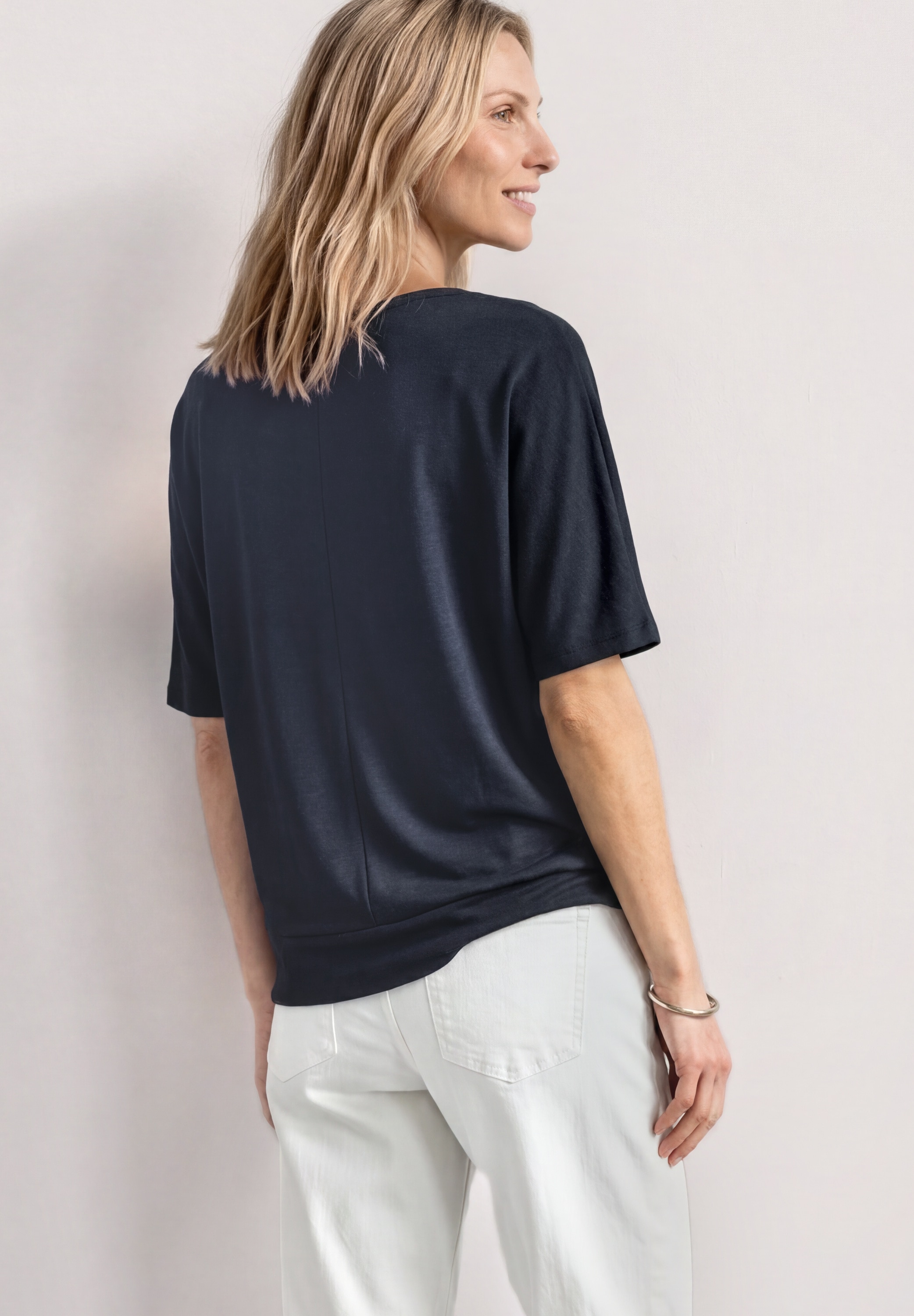 STREET ONE Rundhalsshirt Sommershirt mit Boat Neck und Elastikbund