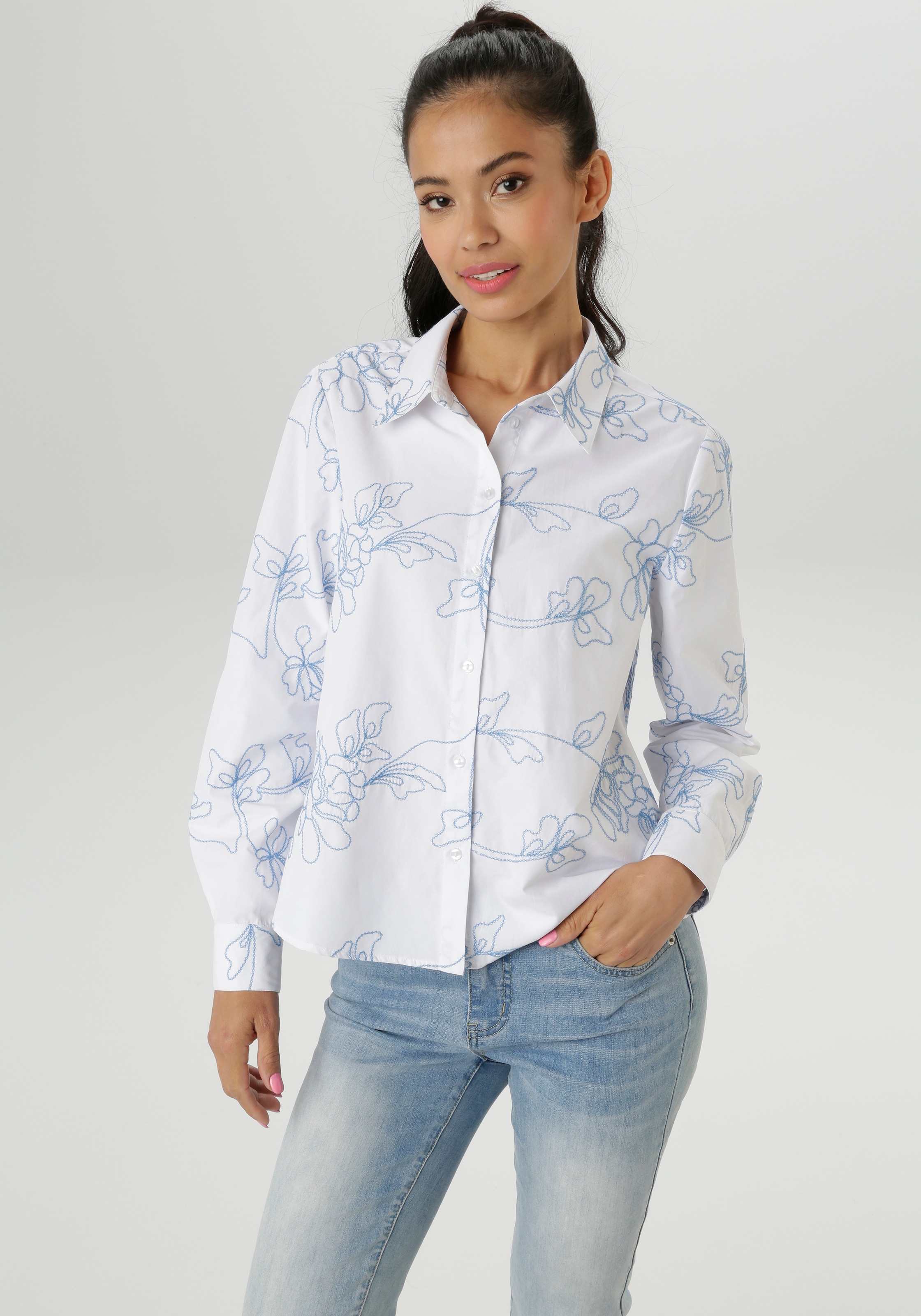 Aniston Selected Damen Hemdbluse mit aufwendiger Allover-Stickerei - NEUE KOLLEKTION in blau, Größe 36