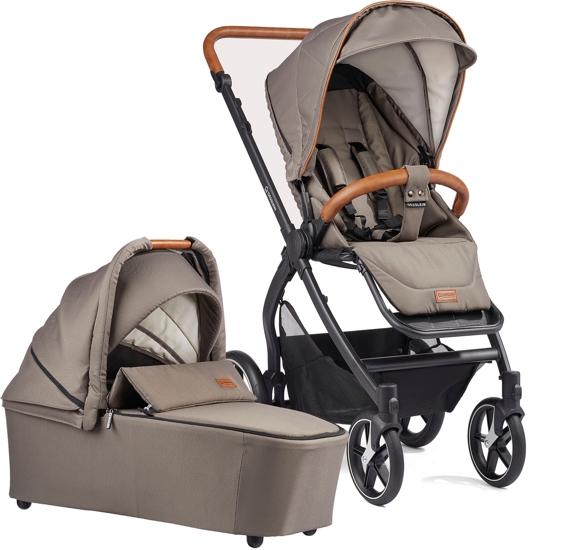 Gesslein Kombi-Kinderwagen »FX4 Soft+ mit Aufsatz Style, taube/cognac«, mit Babywanne C3 und Babyschalenadapter