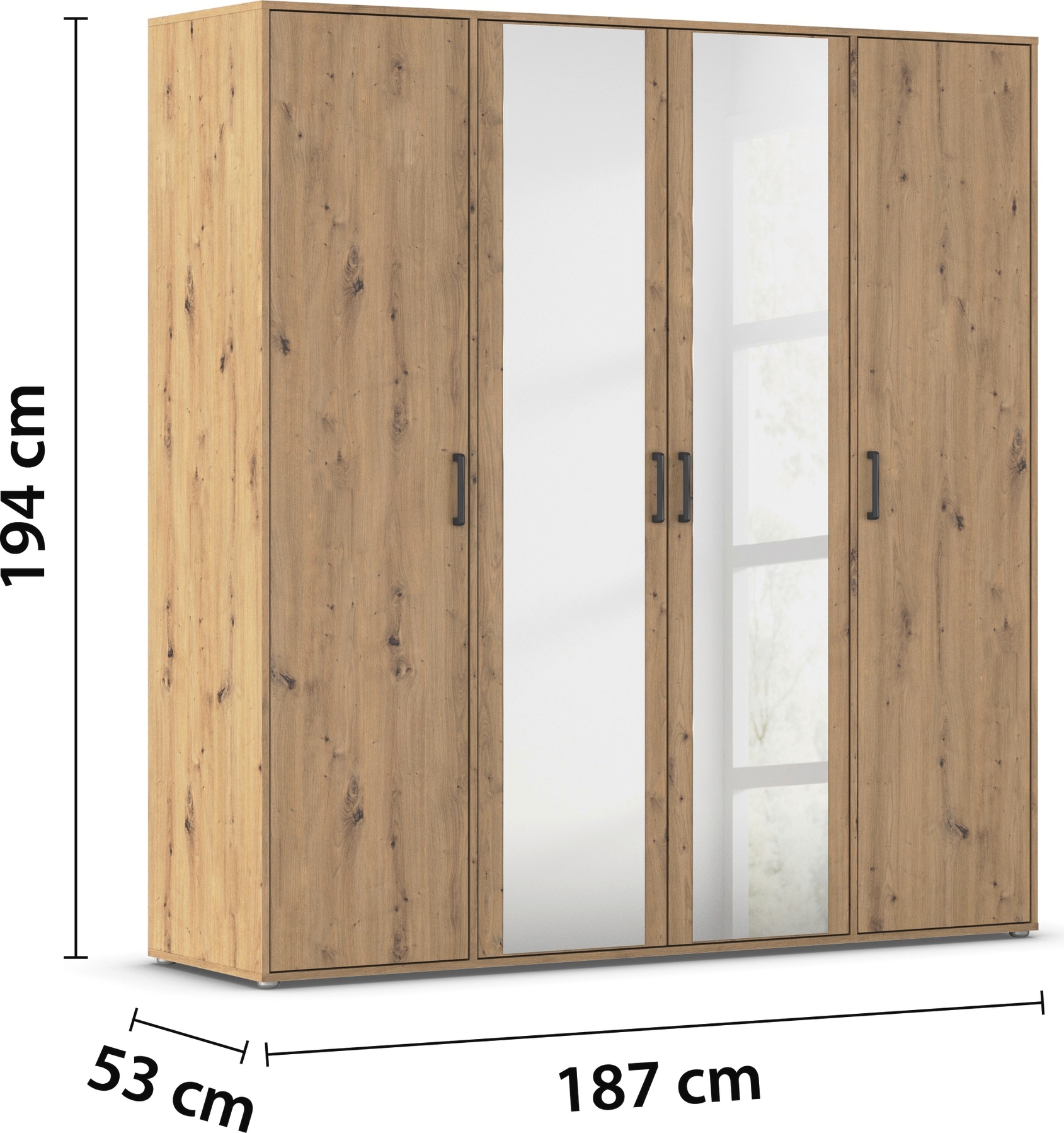 rauch Drehtürenschrank »Kleiderschrank Schrank Garderobe Wäscheschrank VOYAGER«, (in 3 verschiedenen Ausstattungen BASIC/CLASSIC/PREMIUM), mit modernen Griffen in Graumetallic und Spiegel