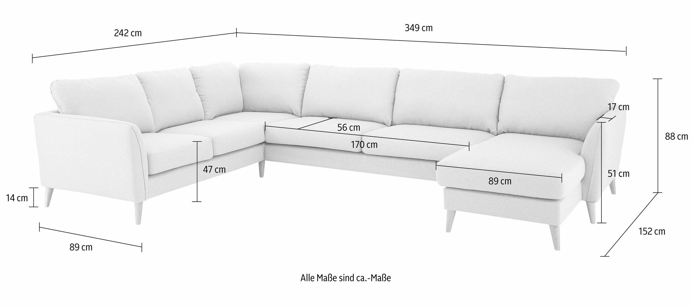 Home affaire Wohnlandschaft »MARSEILLE XXL 349cm, U-Form, Ottomane rechts/links wählbar«, Massivholzbeine Eiche, Landhausstil, Wellenunterfederung
