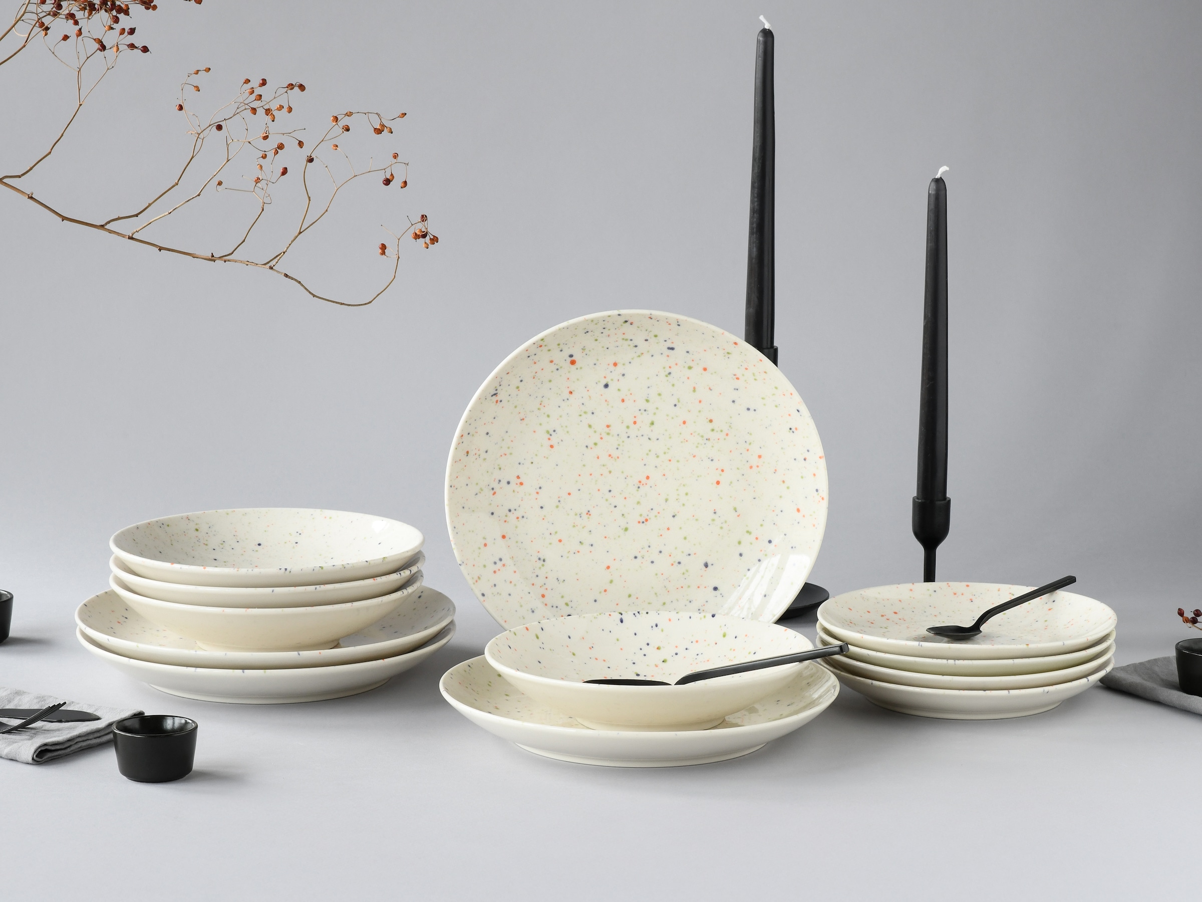 CreaTable Teller-Set »Confetti, Teller Set 12-tlg.« Unregelmäßige bunte Punkte, Gute Laune Geschirr, Frisch, Freundlich