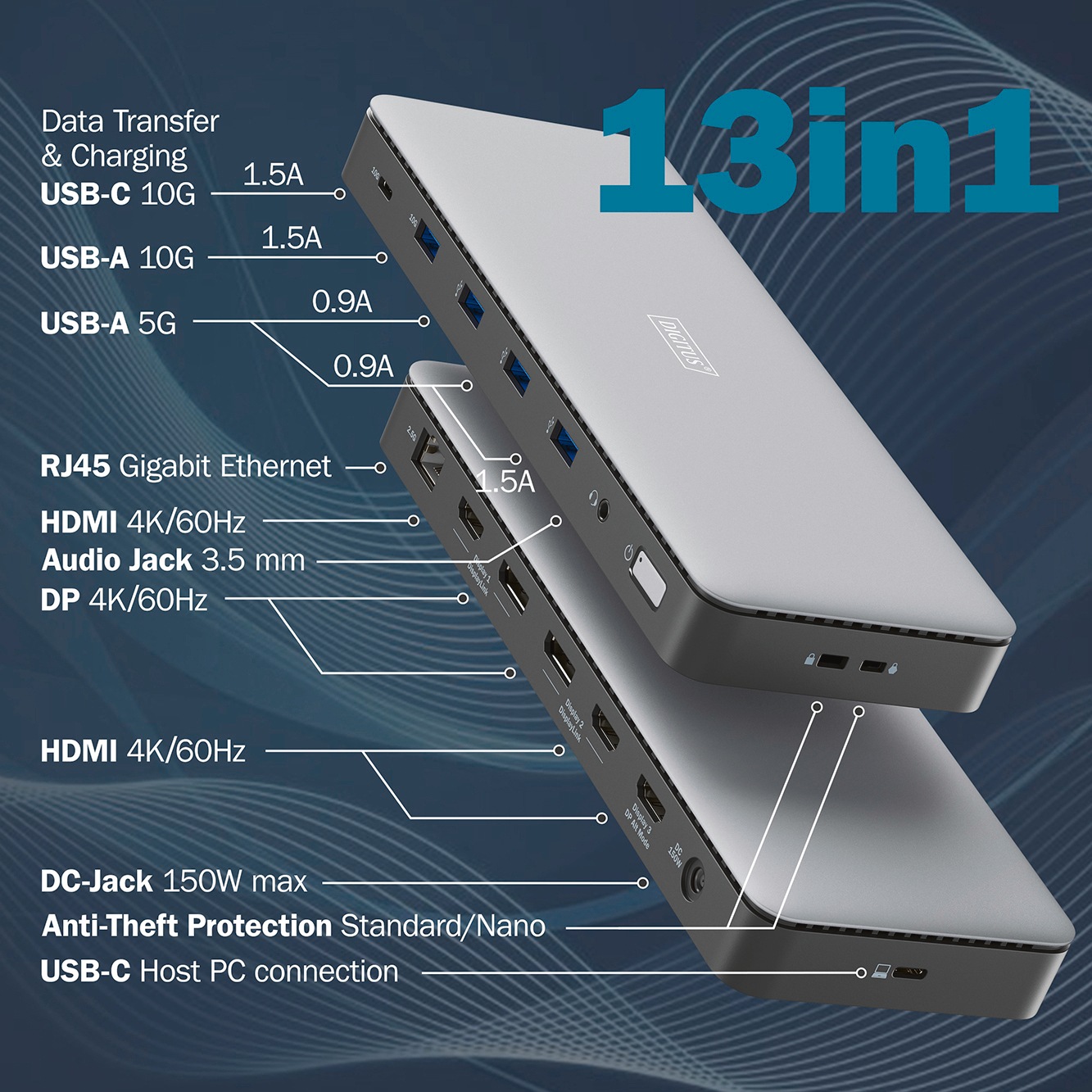 Digitus Laptop-Dockingstation »USB-C Docking Station, 13-Port, HDMI, USB, RJ45, SD«