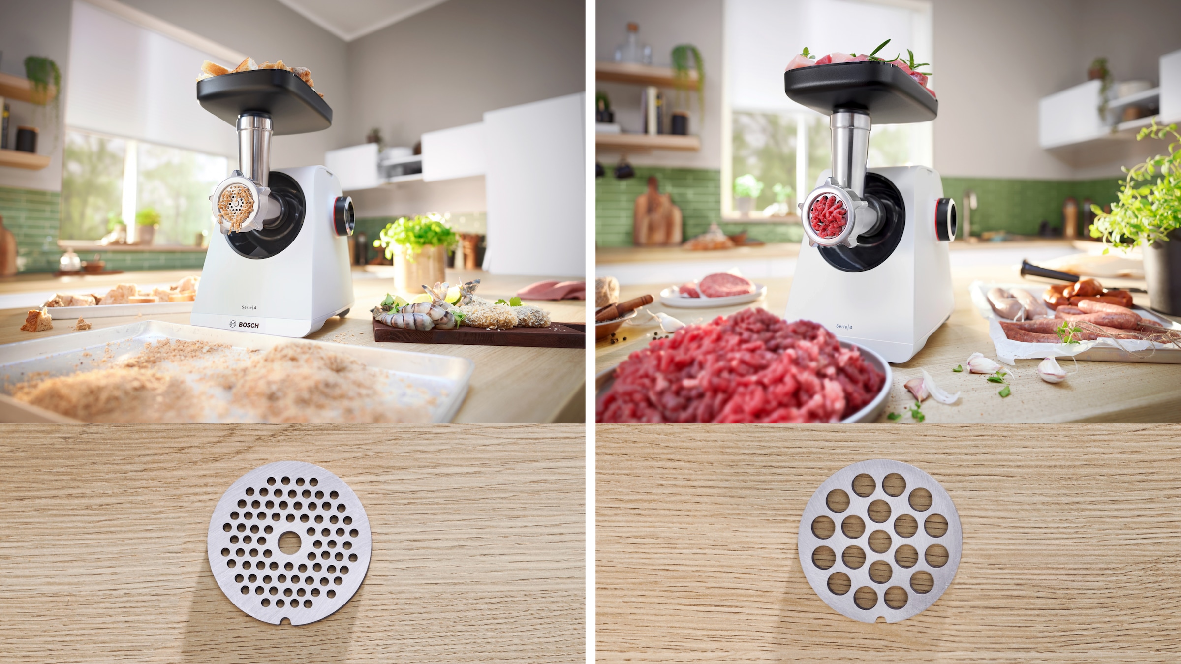 BOSCH Fleischwolf »Serie 4 MFWS420W, 1900 W Blockierlei., 2 Flügel-Messer, 2 Stufen, weiß«, 500 W, Metallkupplung, Wurststopfer, 10 J Motorgarantie, Rücklauffunktion