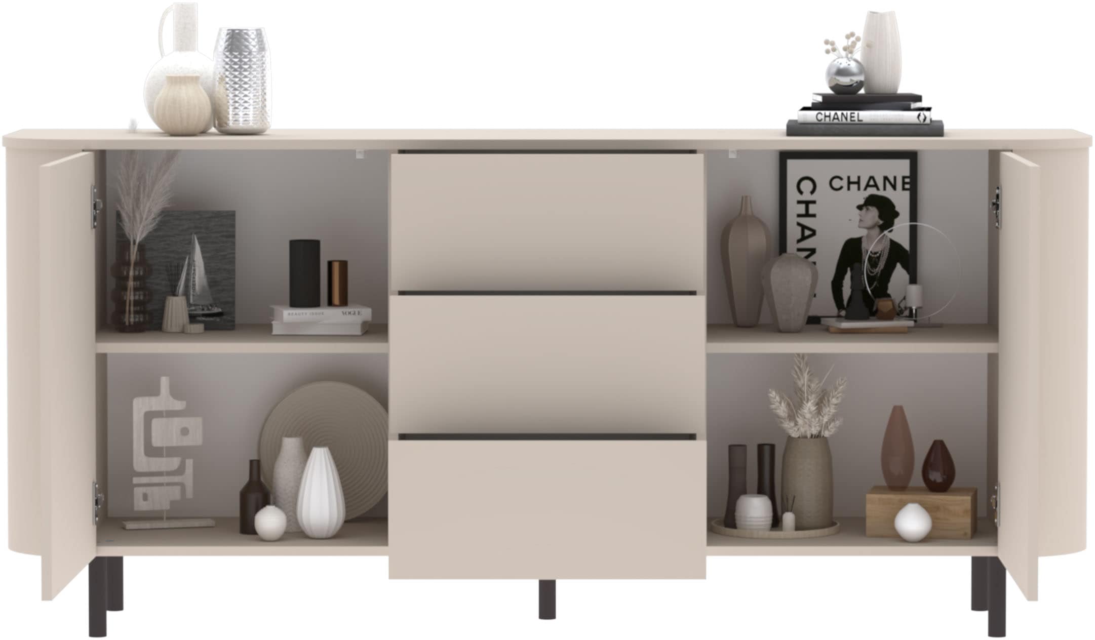 OTTO home Sideboard »Lido, 181 cm breit, 2 Türen, 3 Schubkästen, Kommode, Stauraumschrank« Formgebogenes MDF, Stirnseiten mit Rundung, Push-to-open, Metallfüße