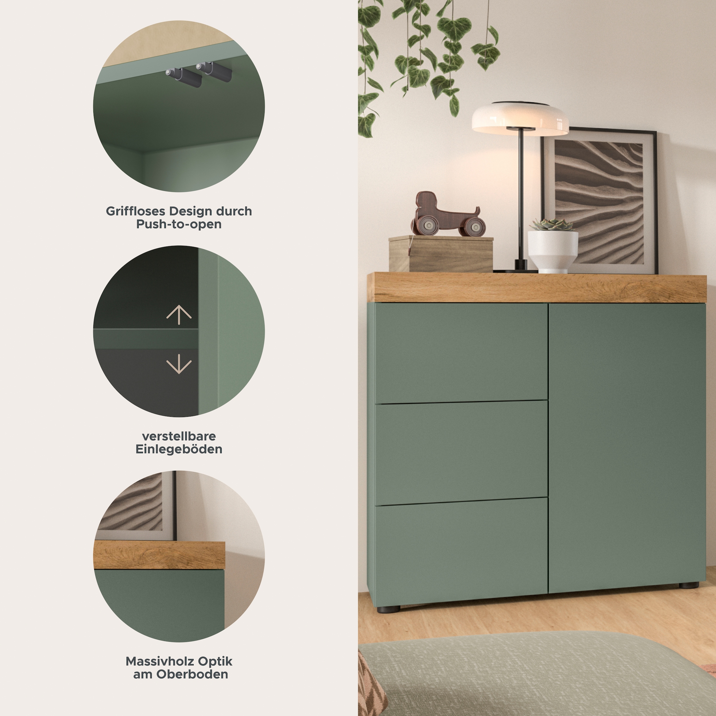 OTTO home Kommode »MAMBO, TOPSELLER!, Breite 77cm, 1 Tür, 3 Schubkästen, push-2-open« 2 farbige Ausführung, in verschiedenen Farben erhältlich, 1 Stk. tlg. Kommode, Anrichte, Wohnzimmer, Schlafzimmer