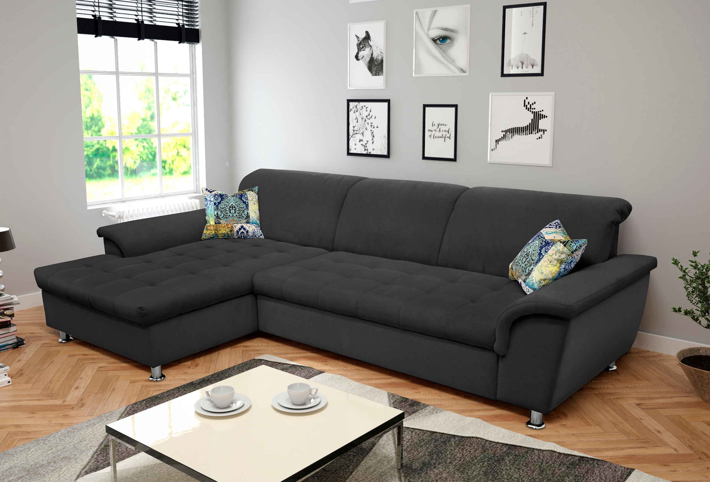 DOMO collection Ecksofa »Franzi Steppung im Sitzbereich B7T/H: 278/162/80 cm, L-Form«, wahlweise mit Bettfunktion, Bettkasten und Kopfteilverstellung