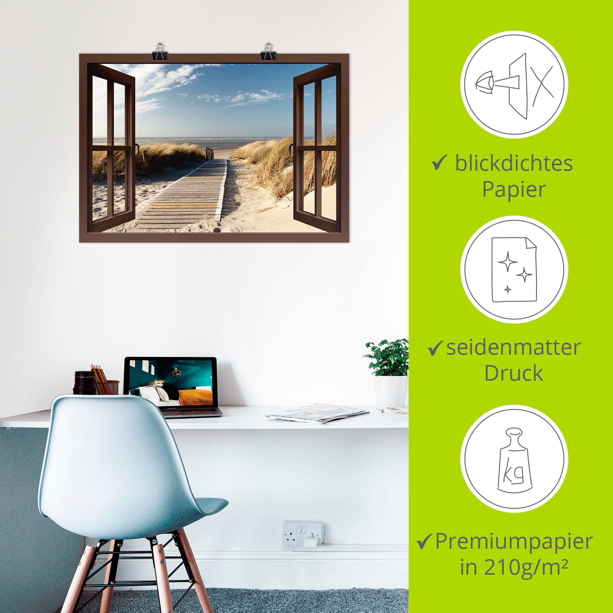 Artland Wandbild »Fensterblick Nordseestrand auf Langeoog«, Fensterblick, (1 St.), als Leinwandbild, Poster, Wandaufkleber in verschied. Größen