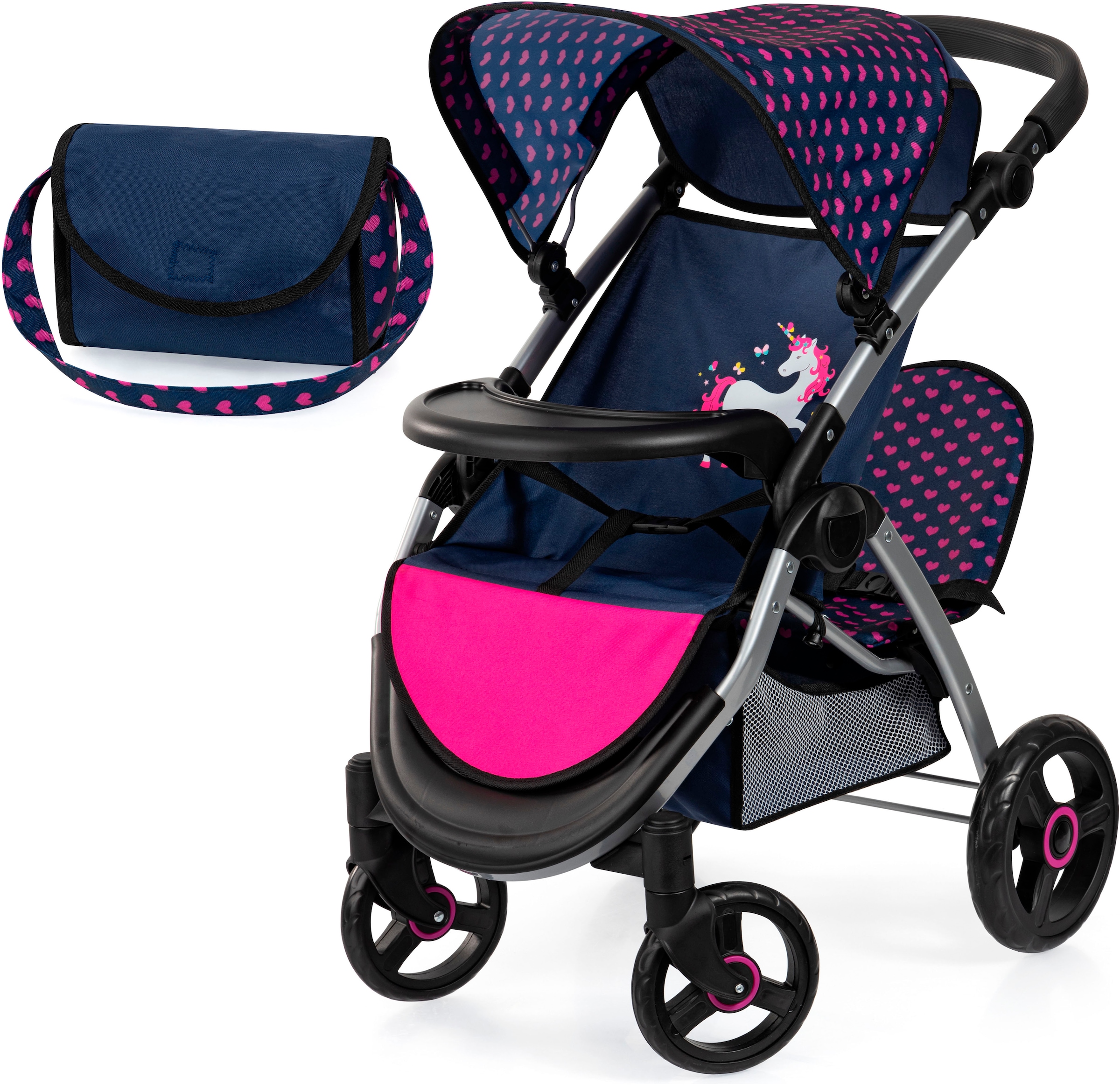 Puppen-Zwillingsbuggy »Twin Star, blau/pink«, mit Wickeltasche