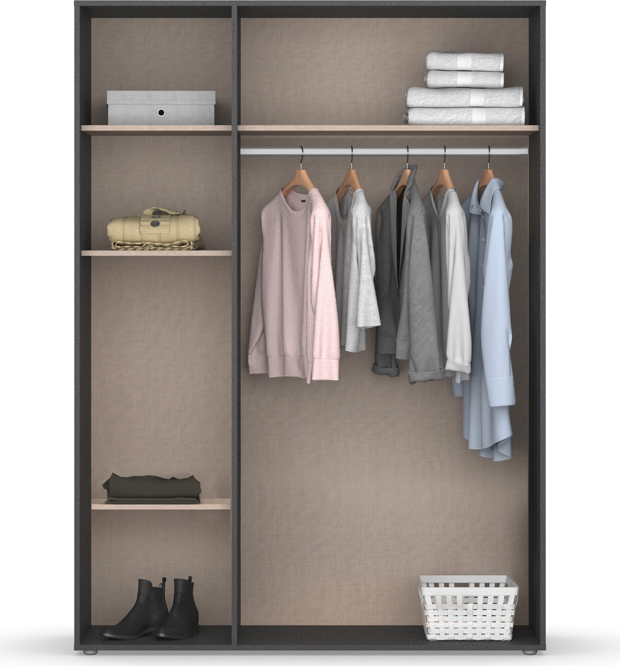 rauch Drehtürenschrank »Kleiderschrank Schrank Garderobe Wäscheschrank NAGATA viel Stauraum«, (in 3 verschiedenen Ausstattungen BASIC/CLASSIC/PREMIUM), mit modernen Stangengriffen in Graumetallic TOPSELLER MADE IN GERMANY