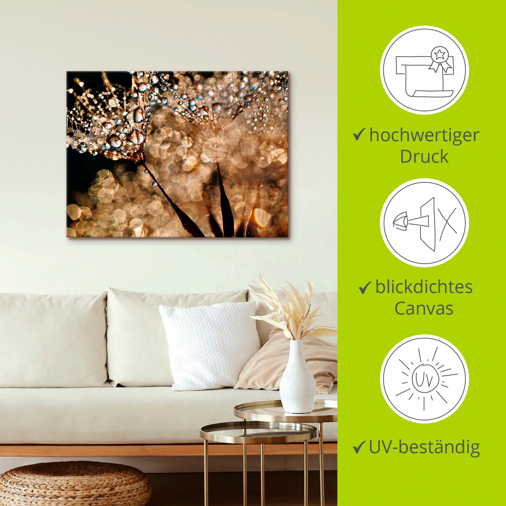 Artland Wandbild »Pusteblume Goldschimmer«, Blumen, (1 St.), als Alubild, Outdoorbild, Leinwandbild, Poster, Wandaufkleber