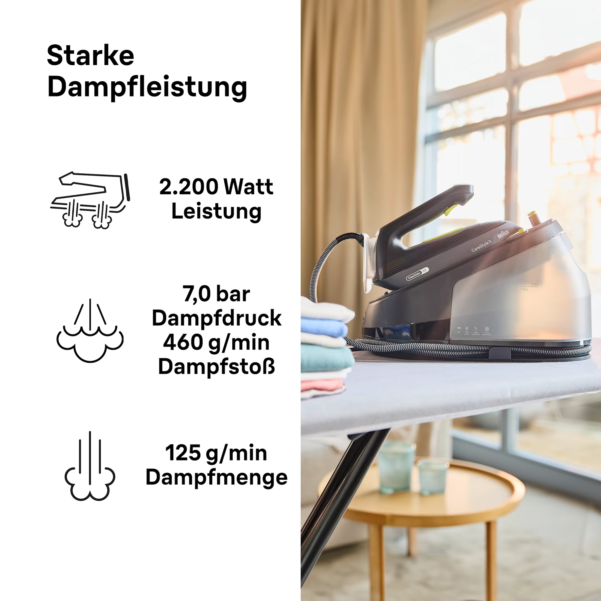 Braun Dampfbügelstation »CareStyle 3 IS 3257 BK - 7,5 bar, 500 g Dampfstoß, 1,8 l Wassertank,« 1.800 ml Wassertank