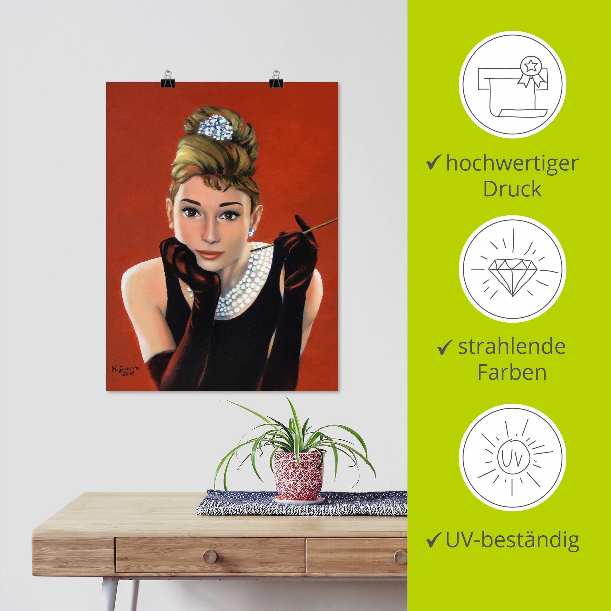 Artland Wandbild »Audrey Hepburn Porträt«, Stars, (1 St.), als Alubild, Outdoorbild, Leinwandbild, Poster, Wandaufkleber