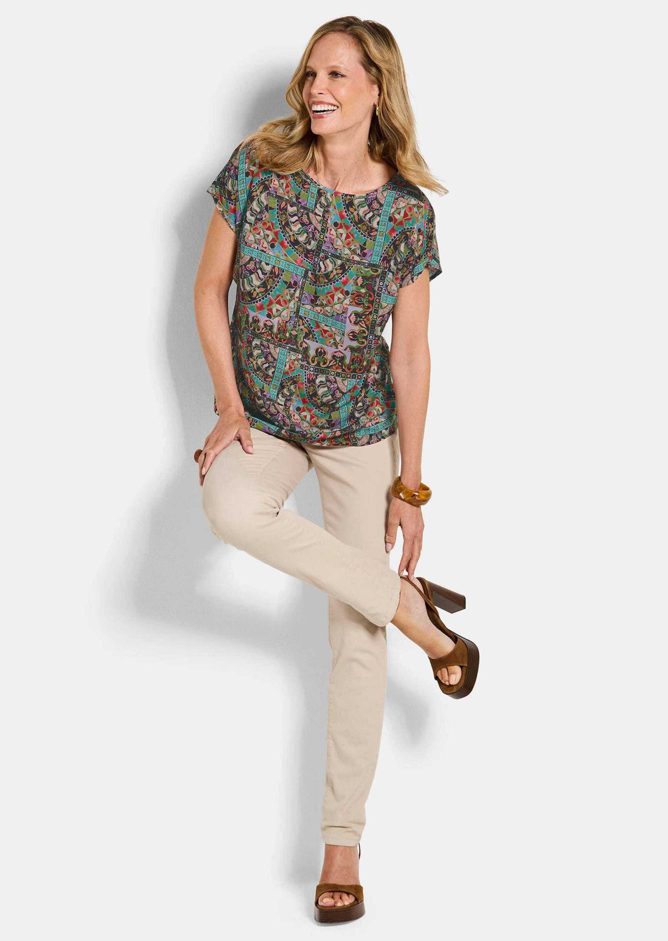 GOLDNER Kurzarmbluse »Viskoseshirt mit Muster-Mix« figurschmeichelender Schnitt