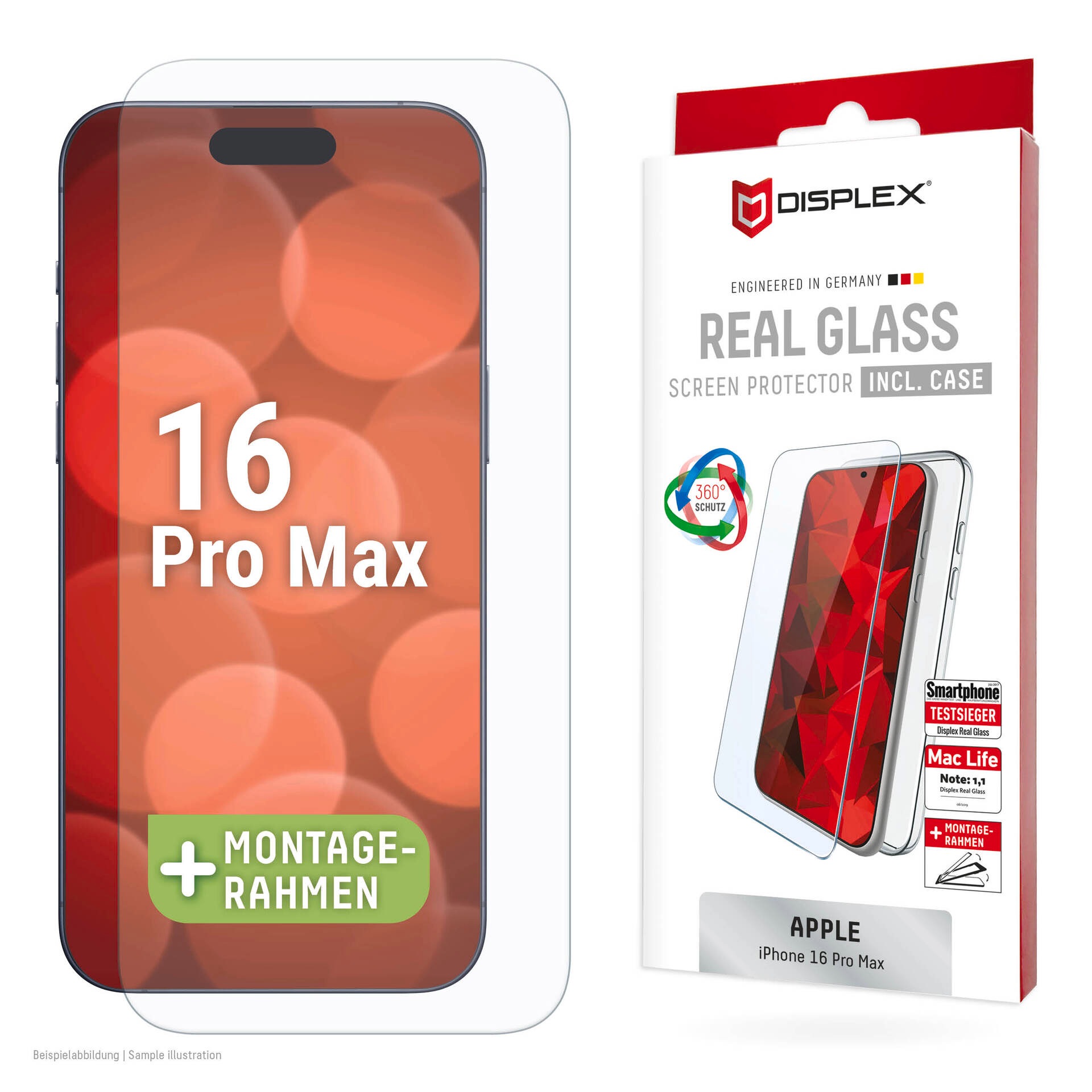 Displex Displayschutzglas »Real Glass Screen Protection + Case«, für Apple iPhone 16 Pro Max, Displayschutzfolie, Schutzfolie, Bildschirmschutz, kratz- & stoßfest