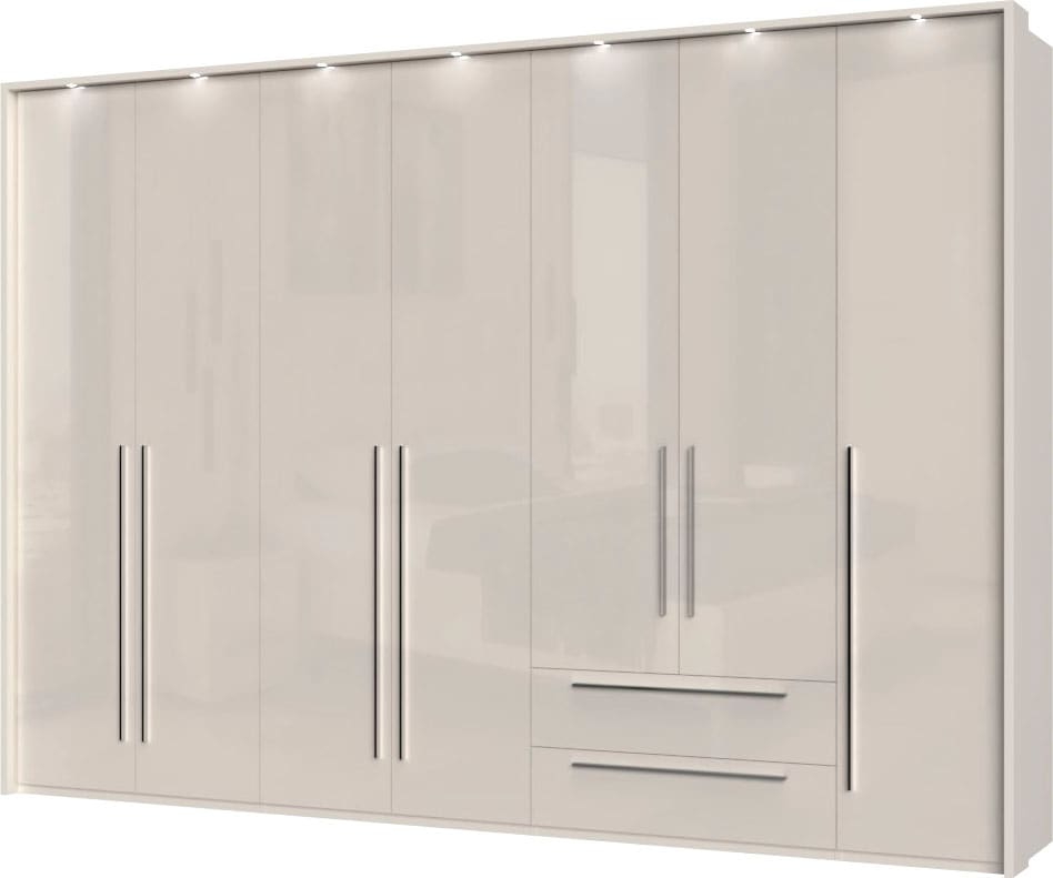 Places of Style Drehtürenschrank »Piano, inklusive Rahmen und Beleuchtung, soft-close-Funktion«, (viele Breiten zur Auswahl, 226cm hoch, mit jeweils 2 Schubladen), beige oder weiß, UV lackiert, Hochglanzfronten, FSC-zertifiziert