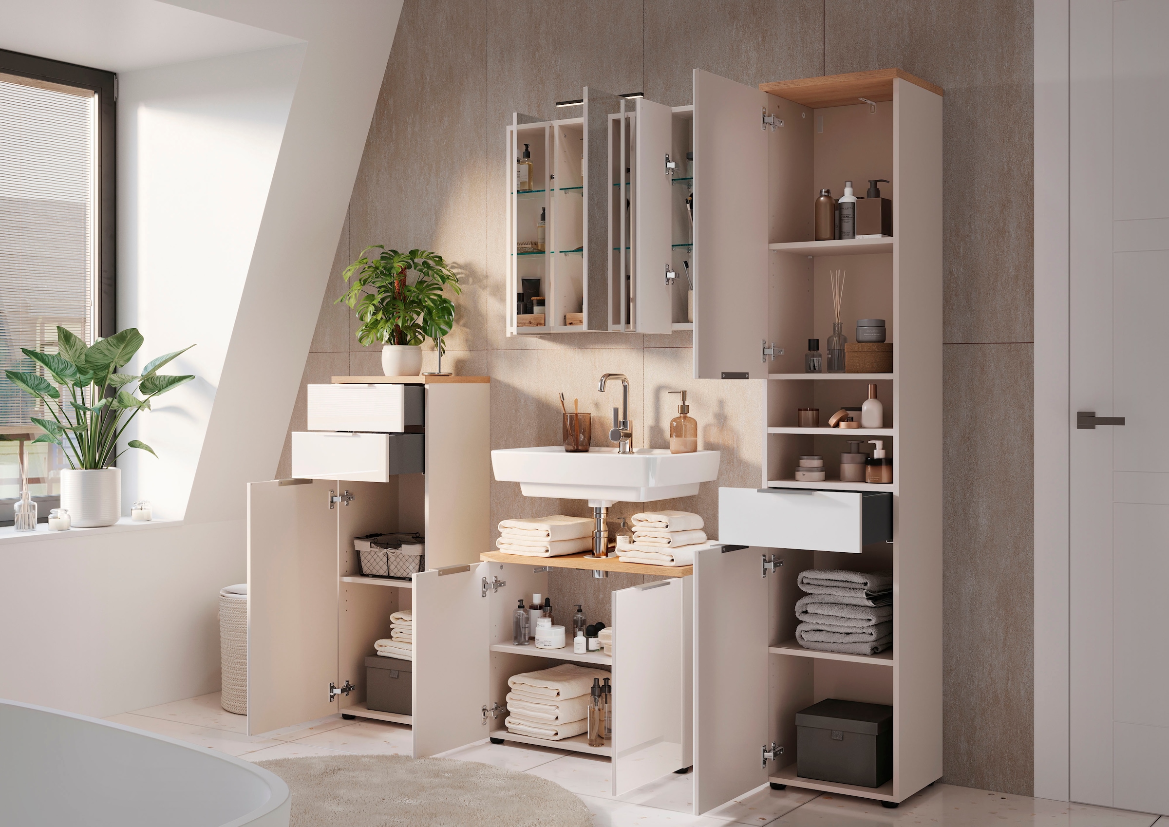 GERMANIA Waschbeckenunterschrank »Tavira« 1 Stk. tlg. Waschbeckenunterschrank mit Glasfronten und Siphonausschnitt