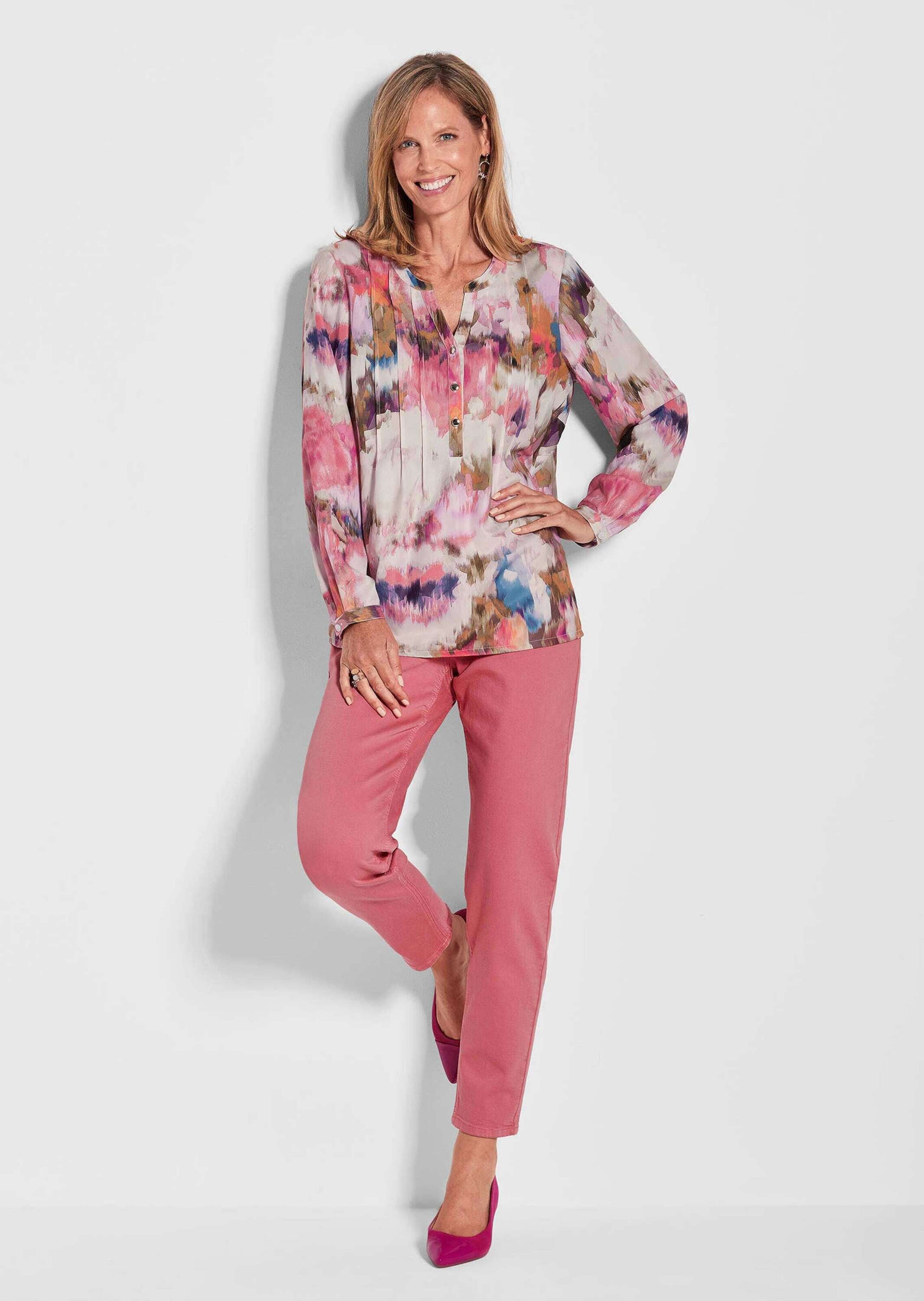 GOLDNER Kurzarmbluse »Kurzgröße Damen Tunikabluse mit Rundhalsausschnitt in bunten Farbtönen«