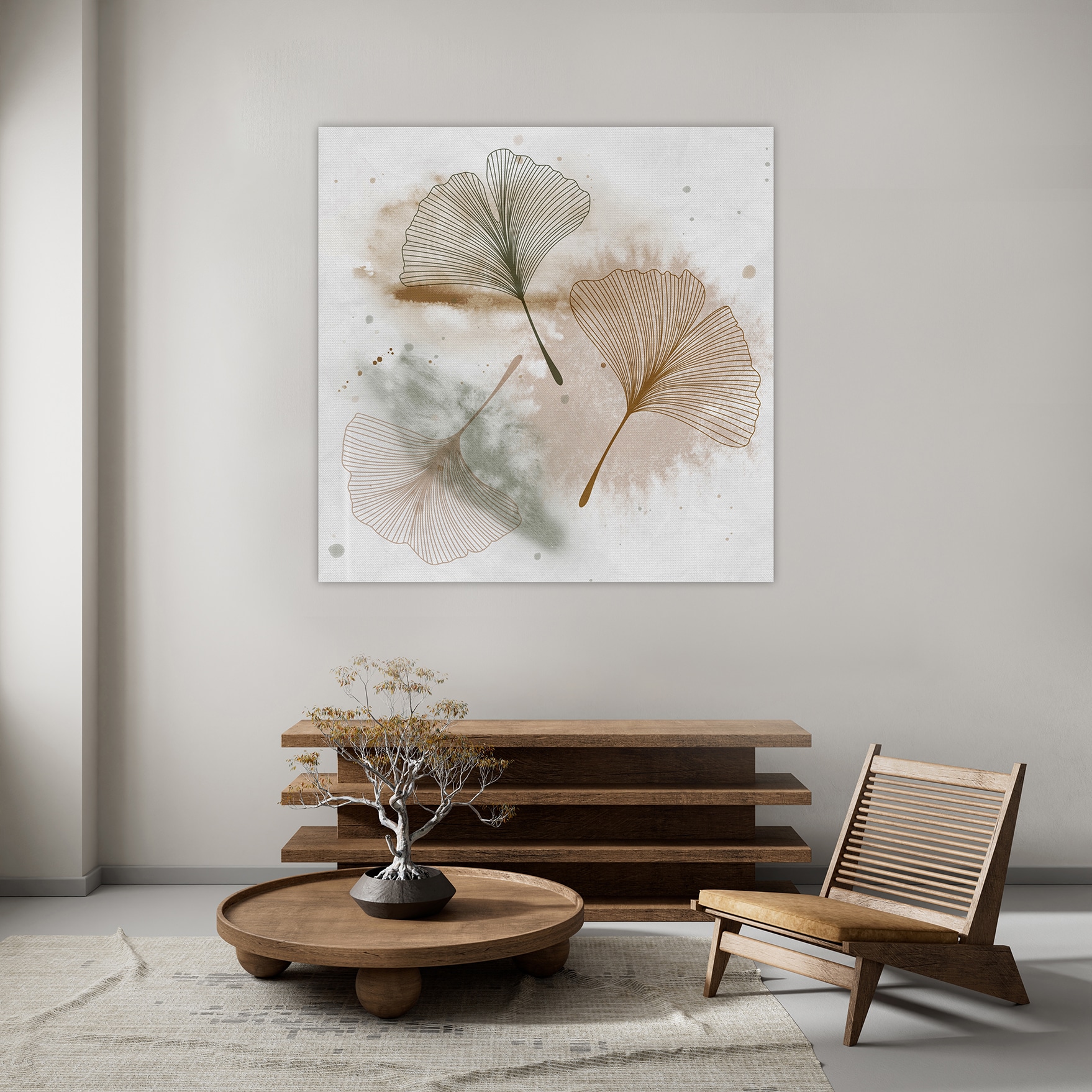 queence Leinwandbild »Gingko Abstrakt, Canvas Bild von Hand bespannt« 1 Stk. tlg. Zeitlose Ginkgo-Motive in hellen Farben