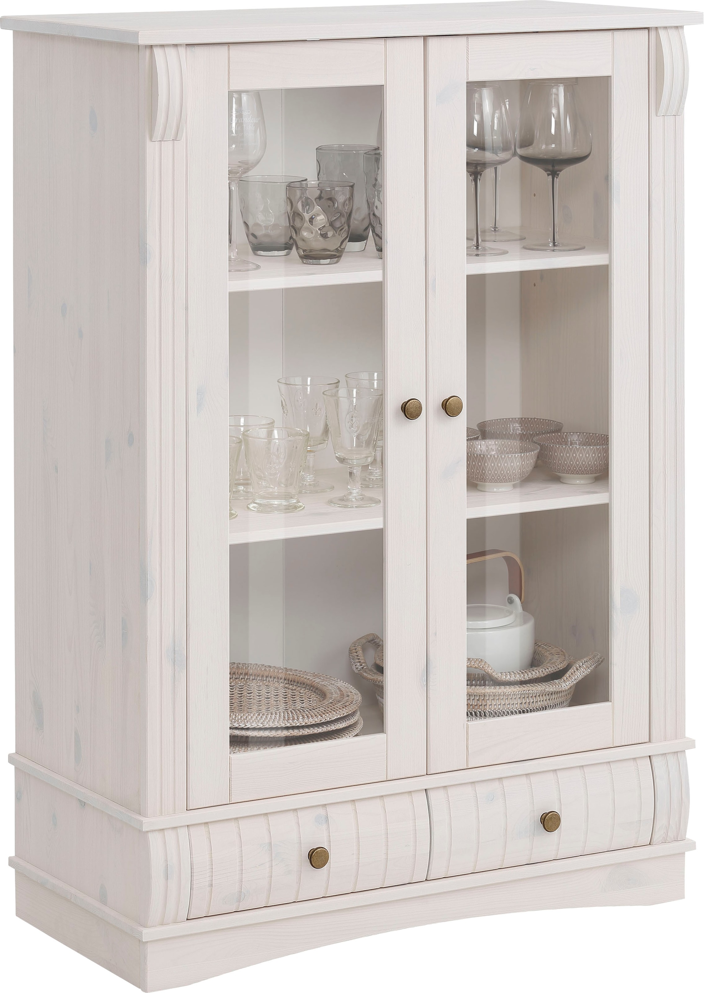 Home affaire Vitrine »Teresa«, mit 2 Glastüren und 2 Schubladen, Höhe 120 cm, aus Massivholz