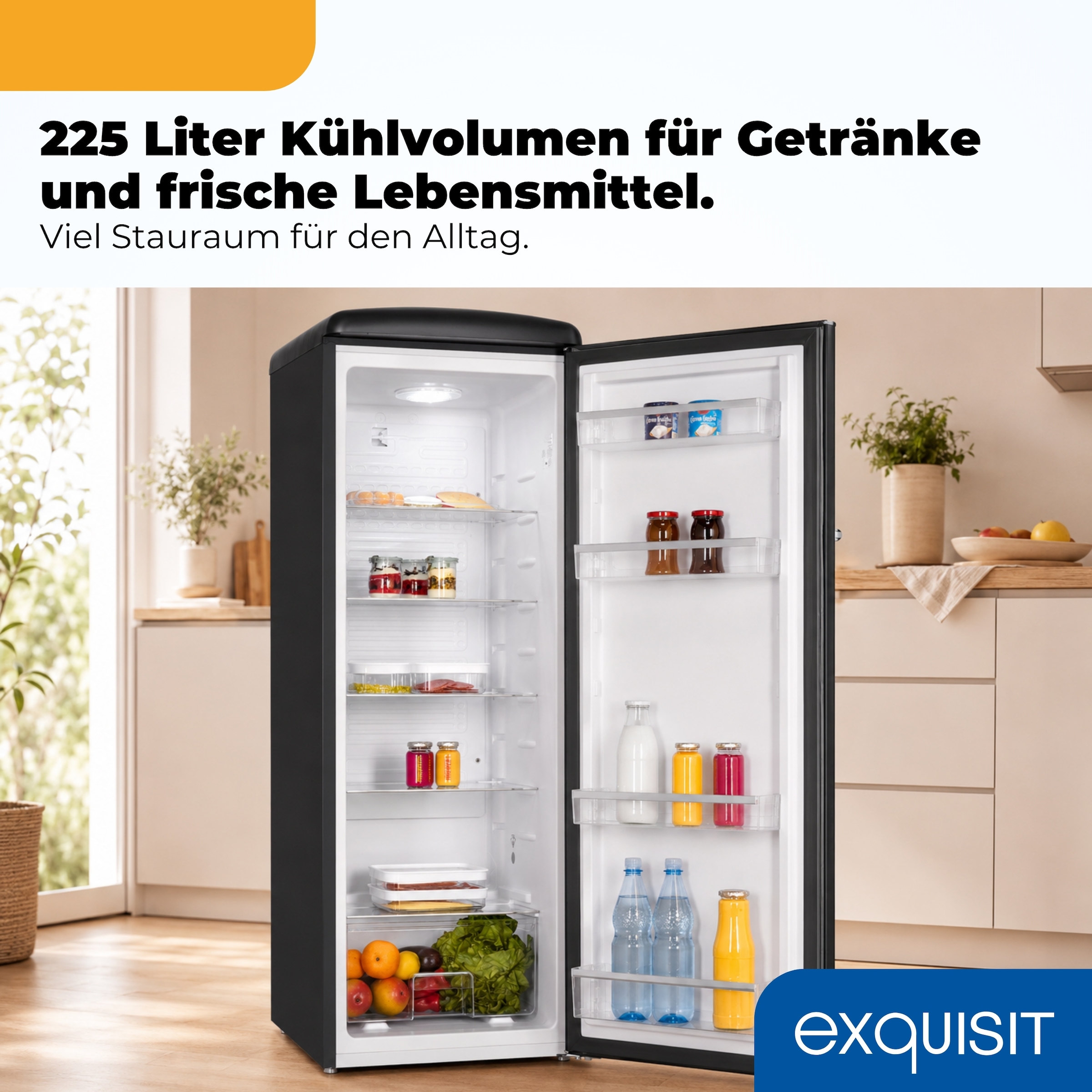 exquisit Kühlschrank »RKS325-V-H-160C mattschwarz« 146,5 cm hoch 54,5 cm breit LED-Beleuchtung, verstellbare Glasböden, Retro-Design