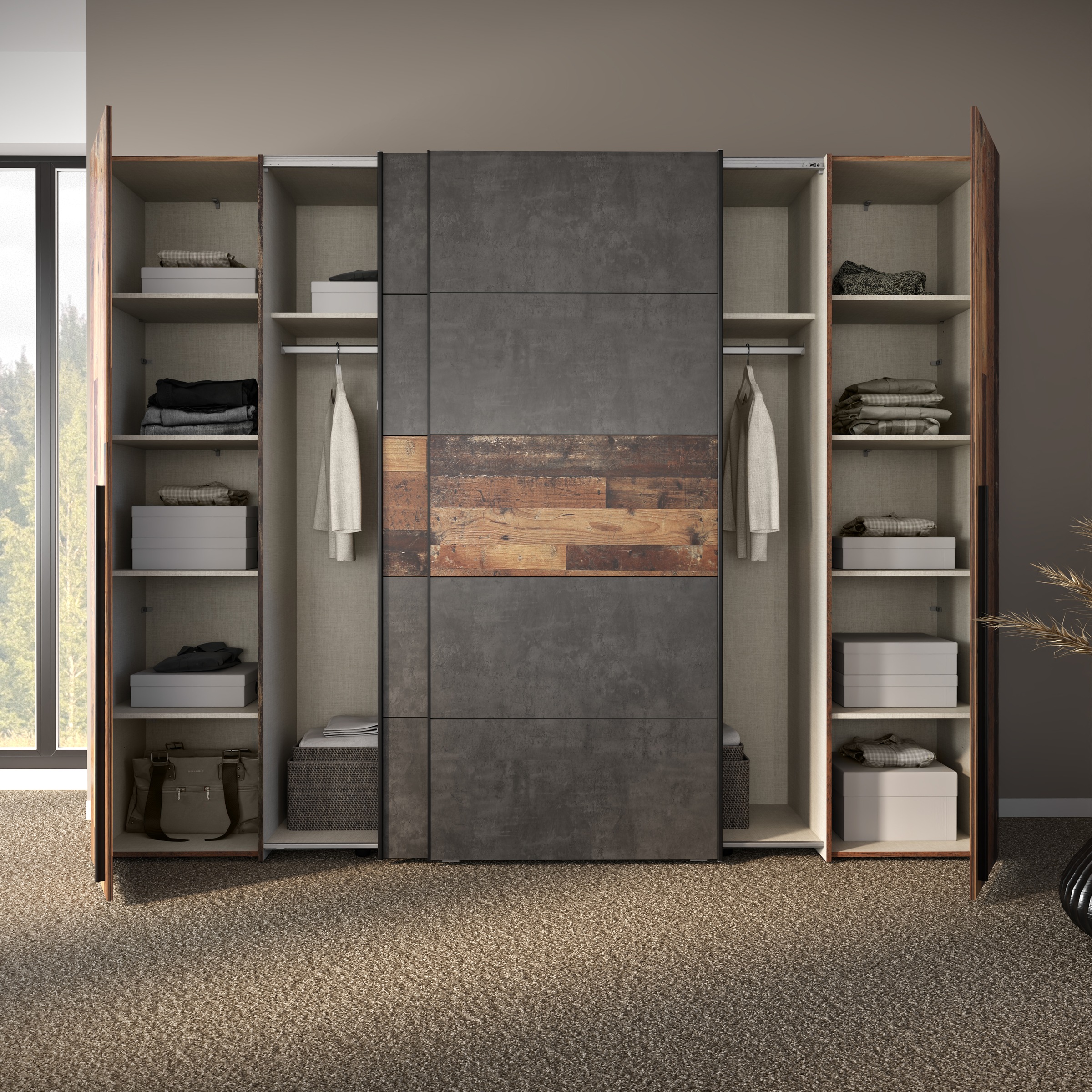 FORTE Schwebetürenschrank »Narago, OTTOs Choice, Kombischrank, TOPSELLER, Paneele  wechselbar« B/H/T ca. 270/210/61cm, Farbe Weiß auch mit Spiegeln,  Schwebetüren in Kombination mit Drehtüren, Made in Europe