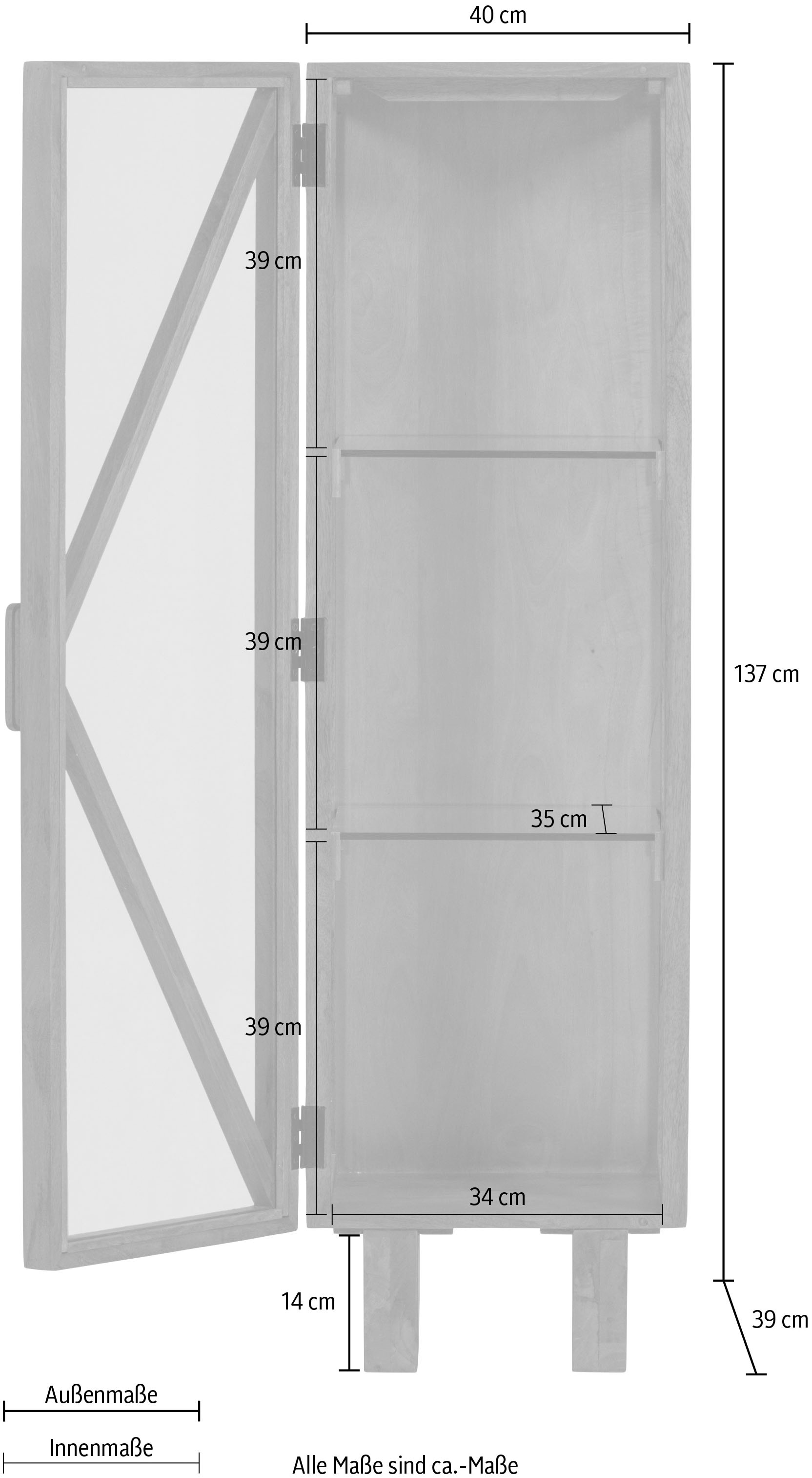 WOOOD Vitrine »Kella Mangoholz mit Glastüren und Glaseinlegeböden 40 x 39 x 137 cm« Wandbefestigung empfohlen, Tragkraft 5–7 kg pro Glasboden