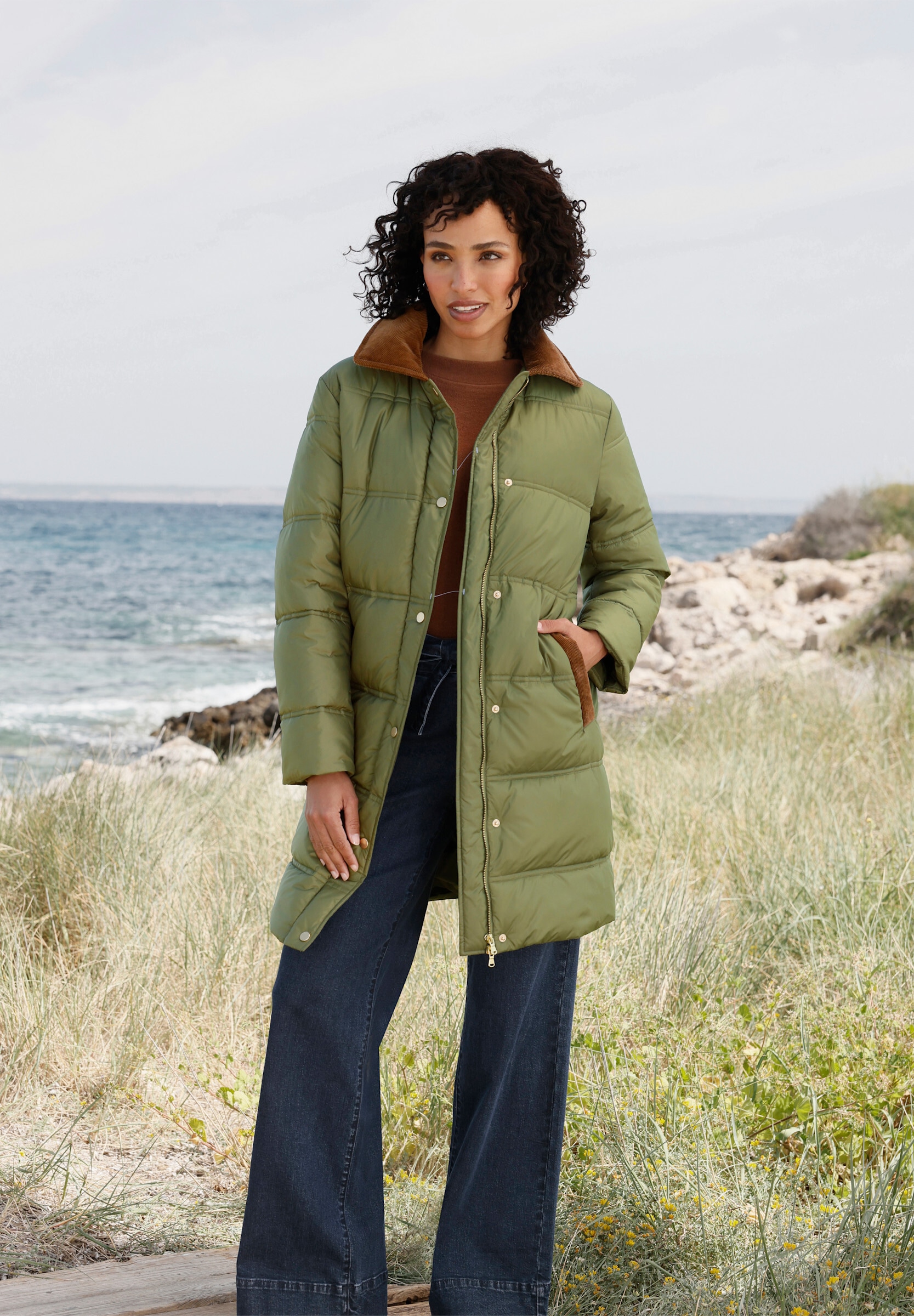 heine Steppjacke »Steppmantel Steppmantel mit Cord-Details« ohne Kapuze