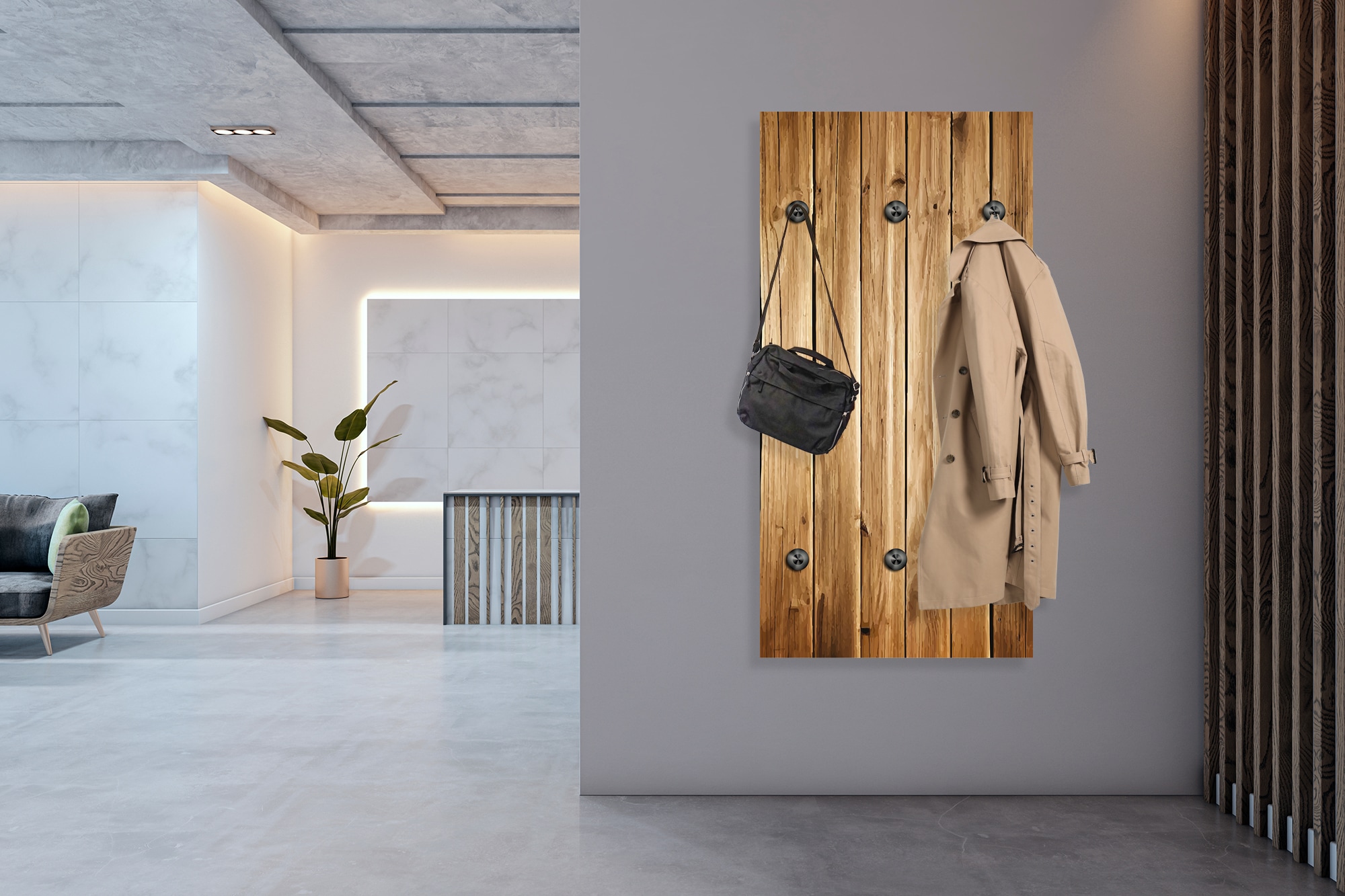 queence Wandgarderobe »Paneel Holzleisten Optik« 1 Stk. tlg. Wandpaneel aus Acrylglas inkl. 6 Edelstahlhaken in schwarz matt