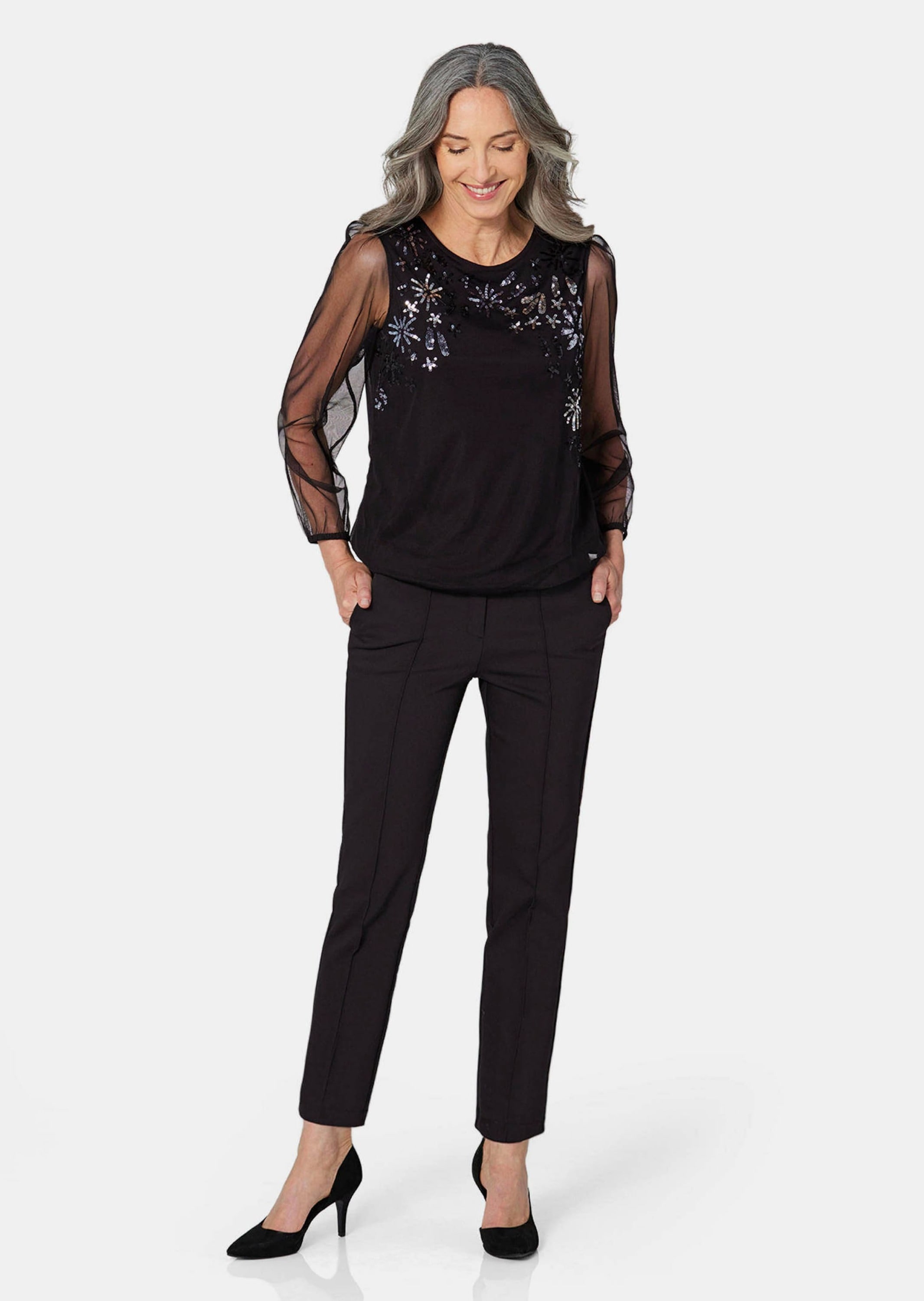 GOLDNER Kurzarmshirt »Langarmshirt mit transparenten Ärmeln«