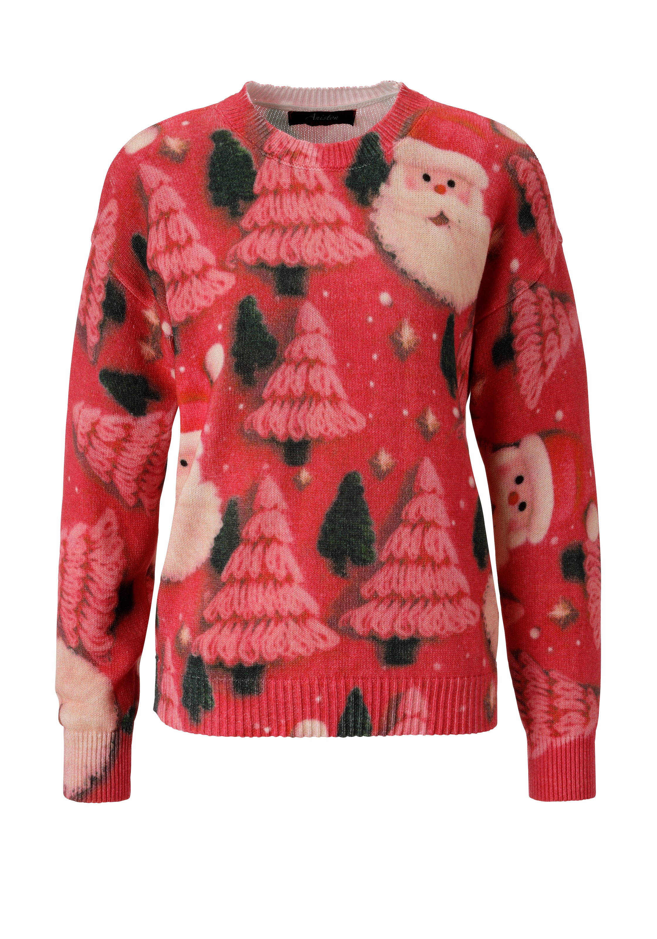 Aniston CASUAL Weihnachtspullover kunstvoll mit Tannen und Nikolaus-Köpfen bedruckt