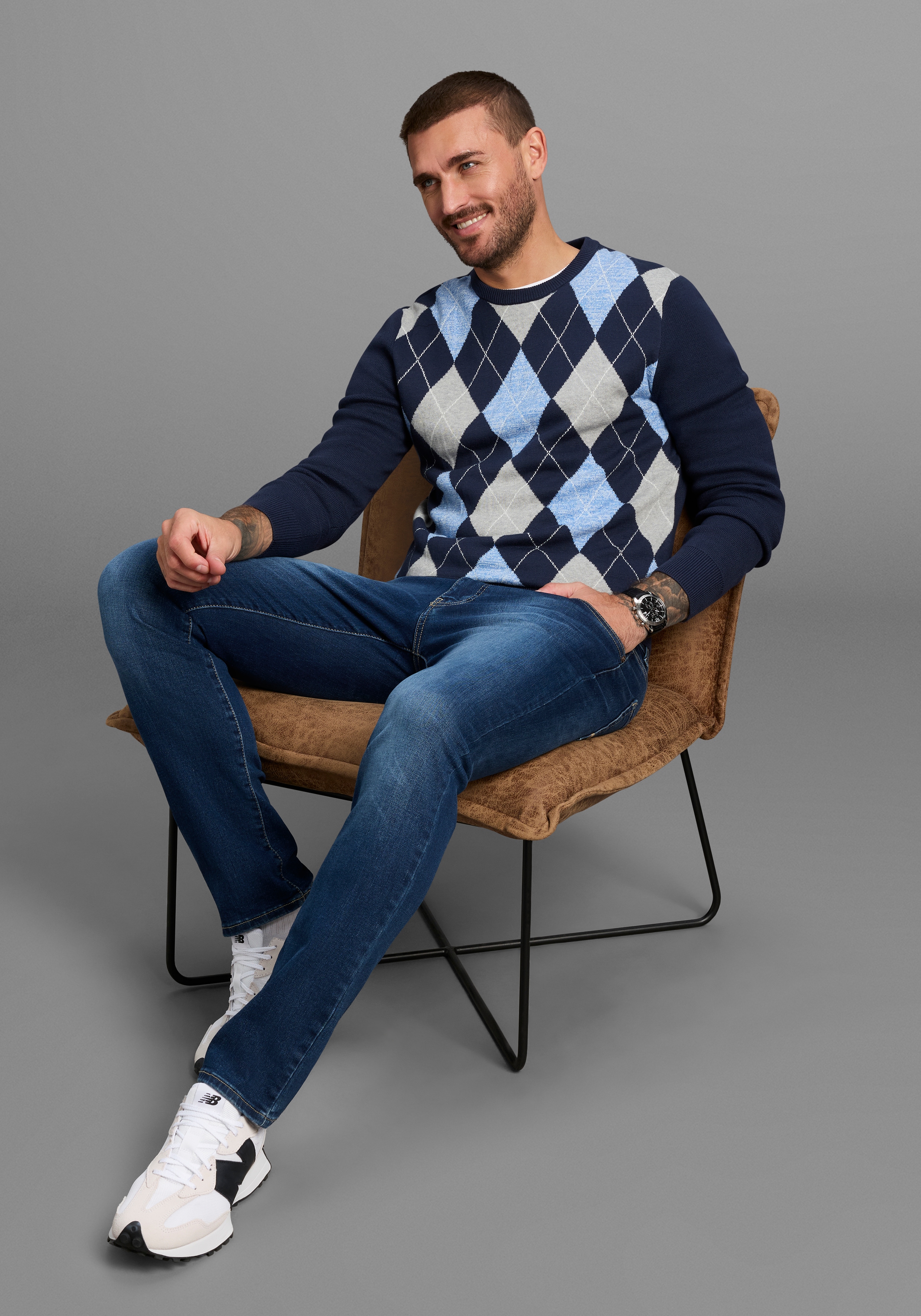 Delmao Herren Rundhalspullover »Neue Kollektion! Modisches Highlight!« Feinstrick mit Rautenmuster in blau, Größe XL (56/58)