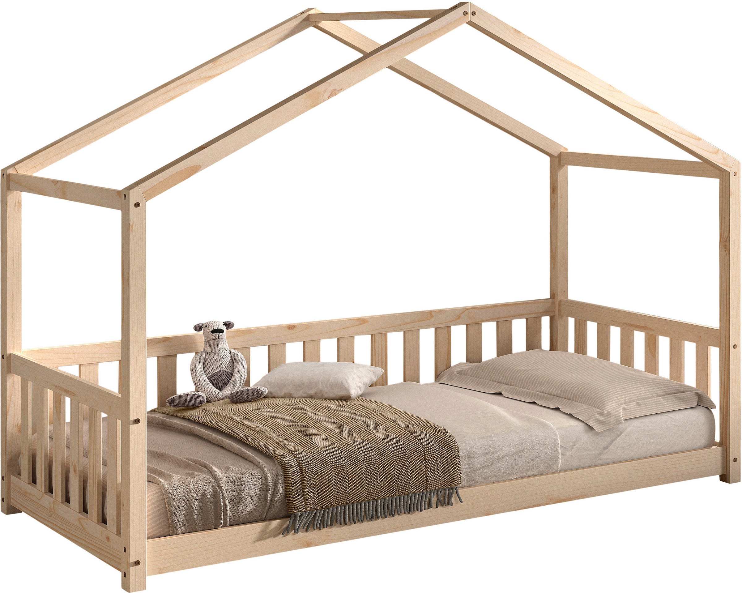 Vipack Hausbett »Dallas, Massivholzbett mit Dachaufbau umbaubar vom Boden- zum Daybett« inkl. Rolllattenrost und Sprossenumrandung, 90 oder 140x200 cm breit,  stabil und standfest gebaut, wahlweise Kiefer massiv natur oder weiß