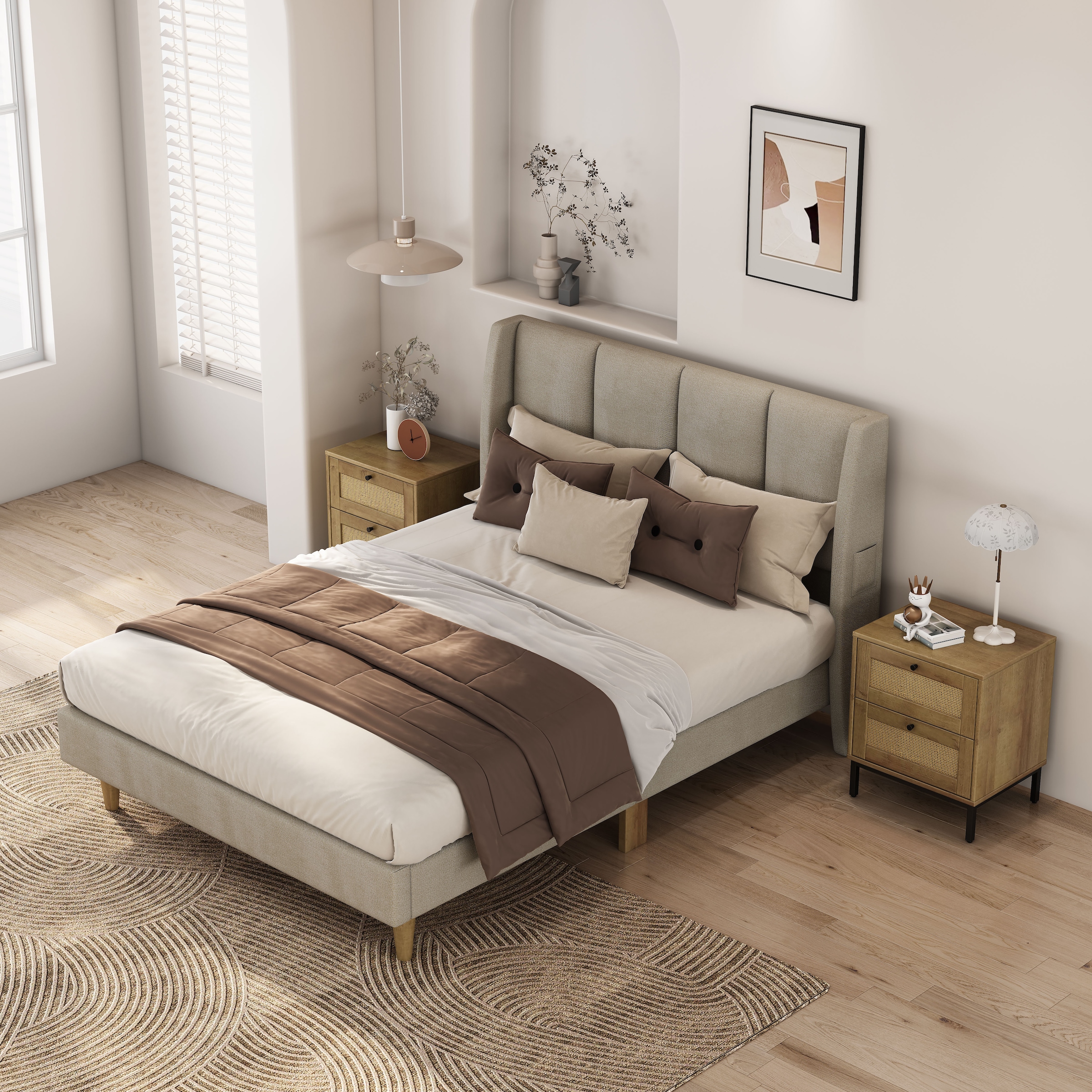 OTTO home Nachtkommode »Motala Nachtschrank Set BOHO Style mit Geflecht Schubladen Bestseller« Set, 2 Schränke im Set - Eichen-Design mit schwarzen Griffen, 