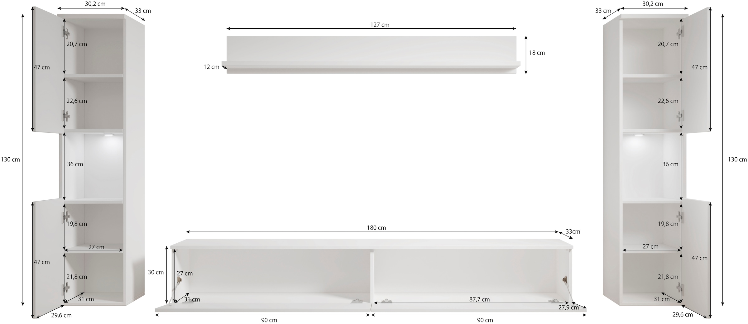 INOSIGN Wohnwand »PARIS«, (Komplett-Set, 4 St.), TV-Wand 260cm breite, grifflose Design, stehend und hängend montierbar