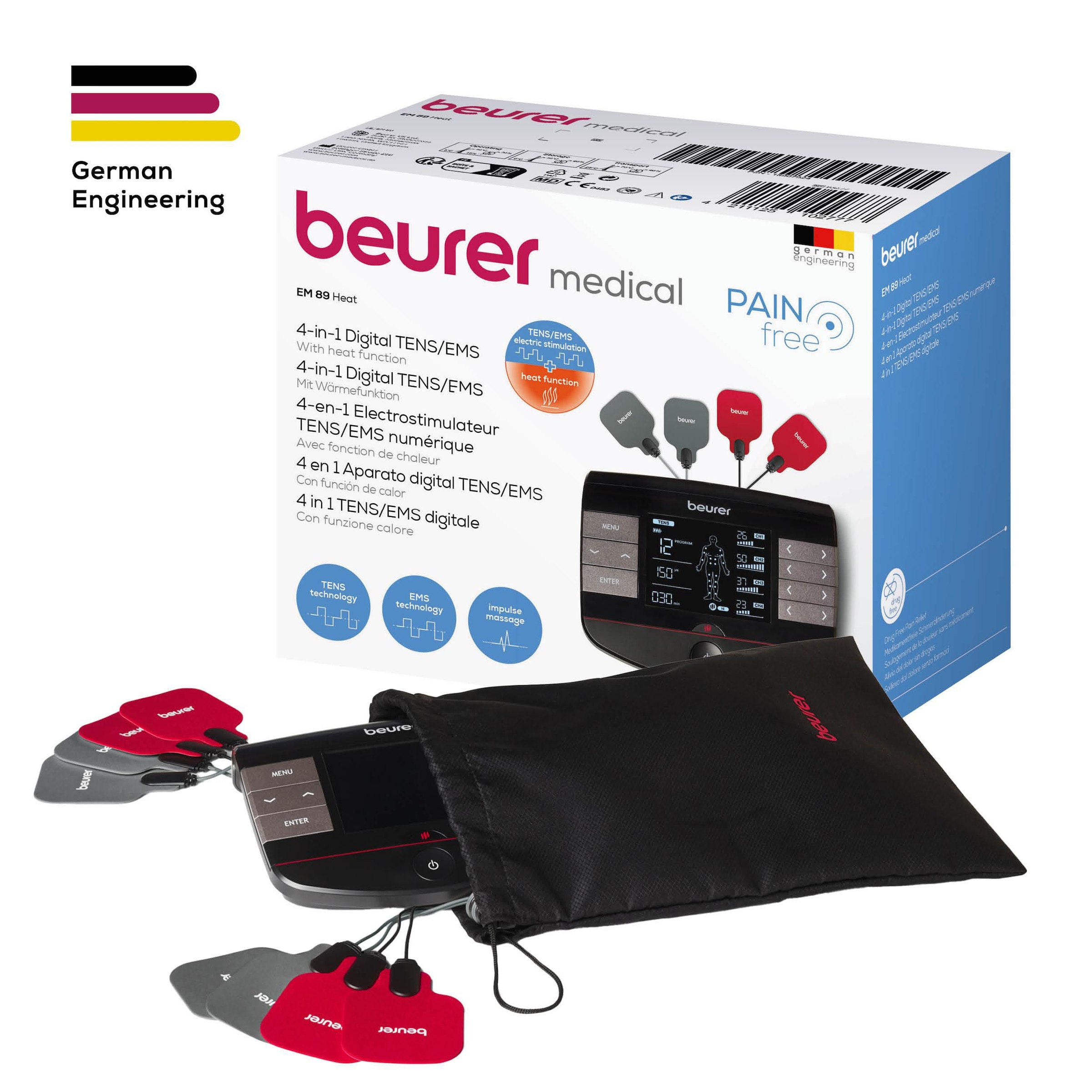 BEURER TENS-EMS-Gerät »EM 89 in 4-in-1 Funktion: TENS, EMS, Massage, Wärme«, (Inkl. 8 selbsthaftenden Gel-Pads), Mit 8 Elektroden für eine großflächige Anwendung auch am Rücken