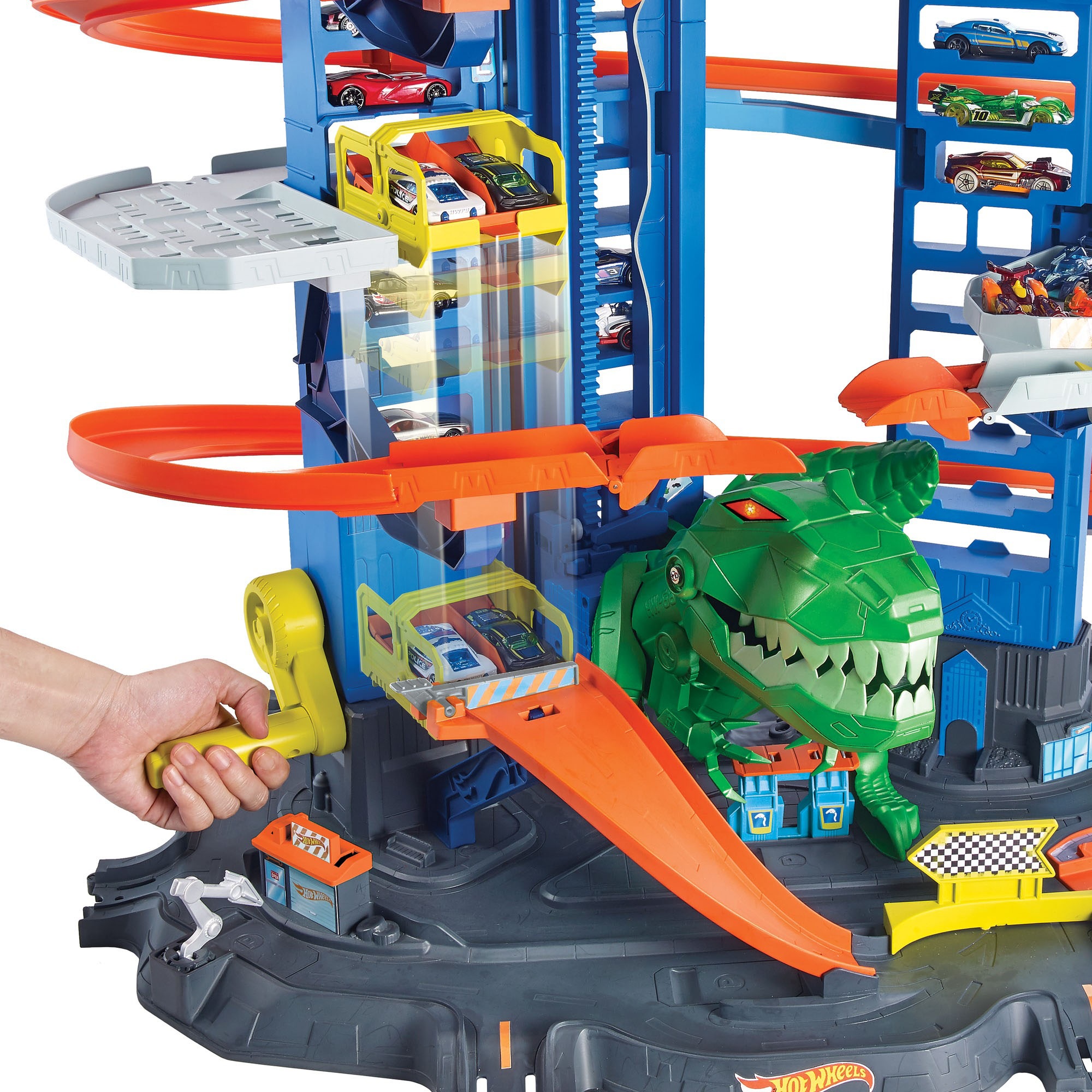 Hot Wheels Autorennbahn »Megacity Parkgarage mit T-Rex-Angriff«, inkl. 2 Spielautos
