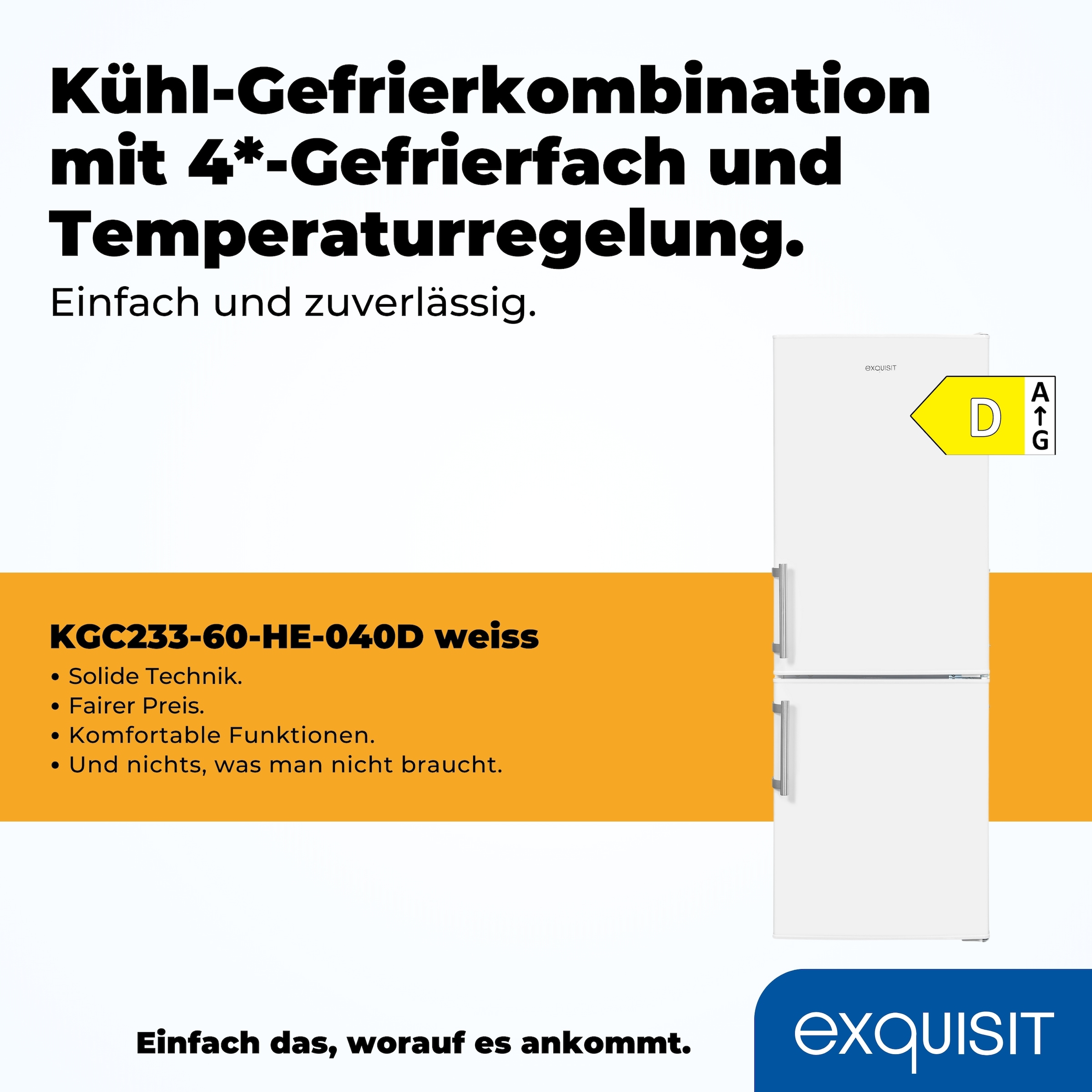 exquisit Kühl-/Gefrierkombination »KGC233-60-HE-040D«, Energieeffizienzklasse D, 173 Liter Nutzinhalt, 4 Sterne Gefrieren