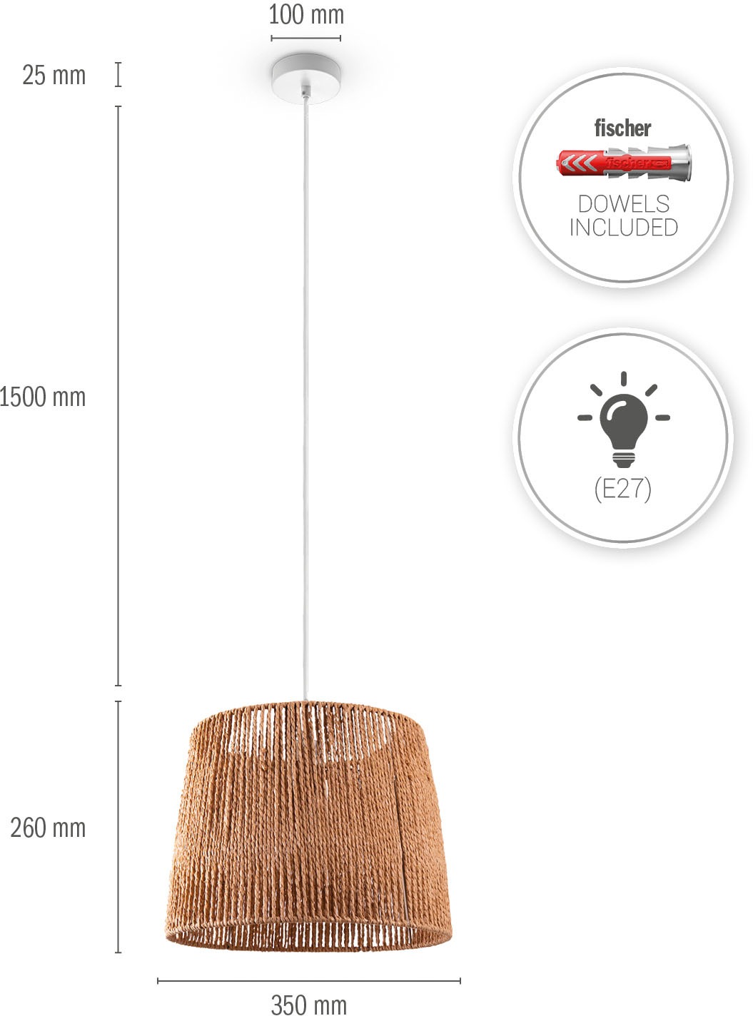 Paco Home Pendelleuchte »Hugo Amadeo«, Leuchtmittel E27 | ohne Leuchtmittel, Wohnzimmer Esszimmer Rattan Optik Boho Lampenschirm Papier
