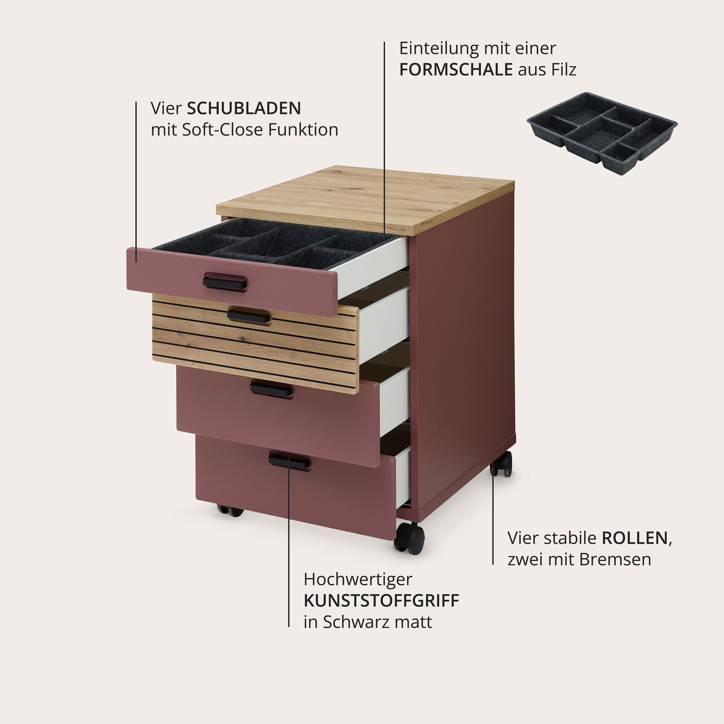 Innostyle Rollcontainer »Rollcontainer Glenn, 45 x 66 x 55 cm (B/H/T)« 1 Stk. tlg. inkl. Filzeinlage, 4 Rollen(2 mit Bremsen) oder Sockel, SK Soft-Close