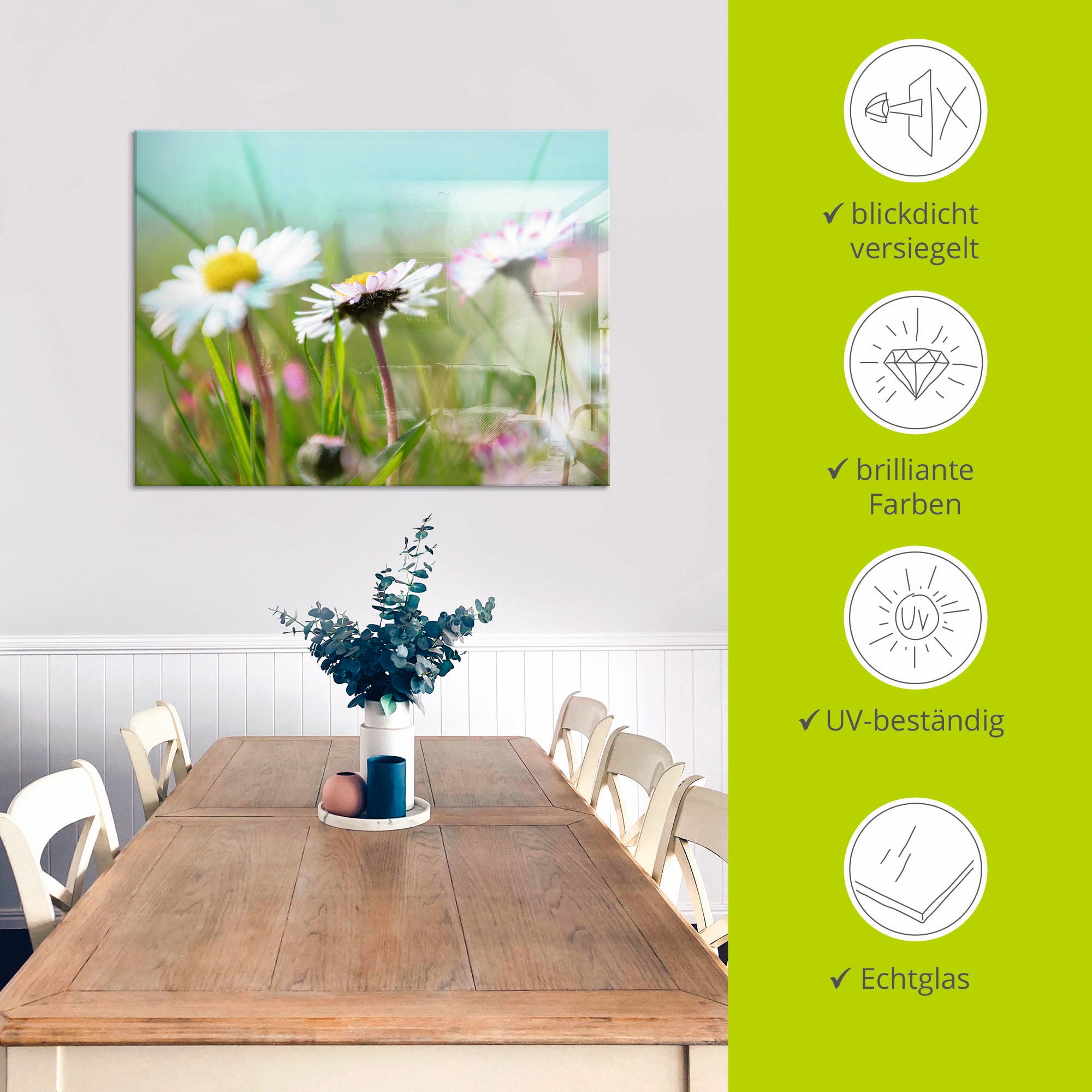 Artland Glasbild »Gänseblümchen Romantik«, Blumen, (1 St.), in verschiedenen Größen