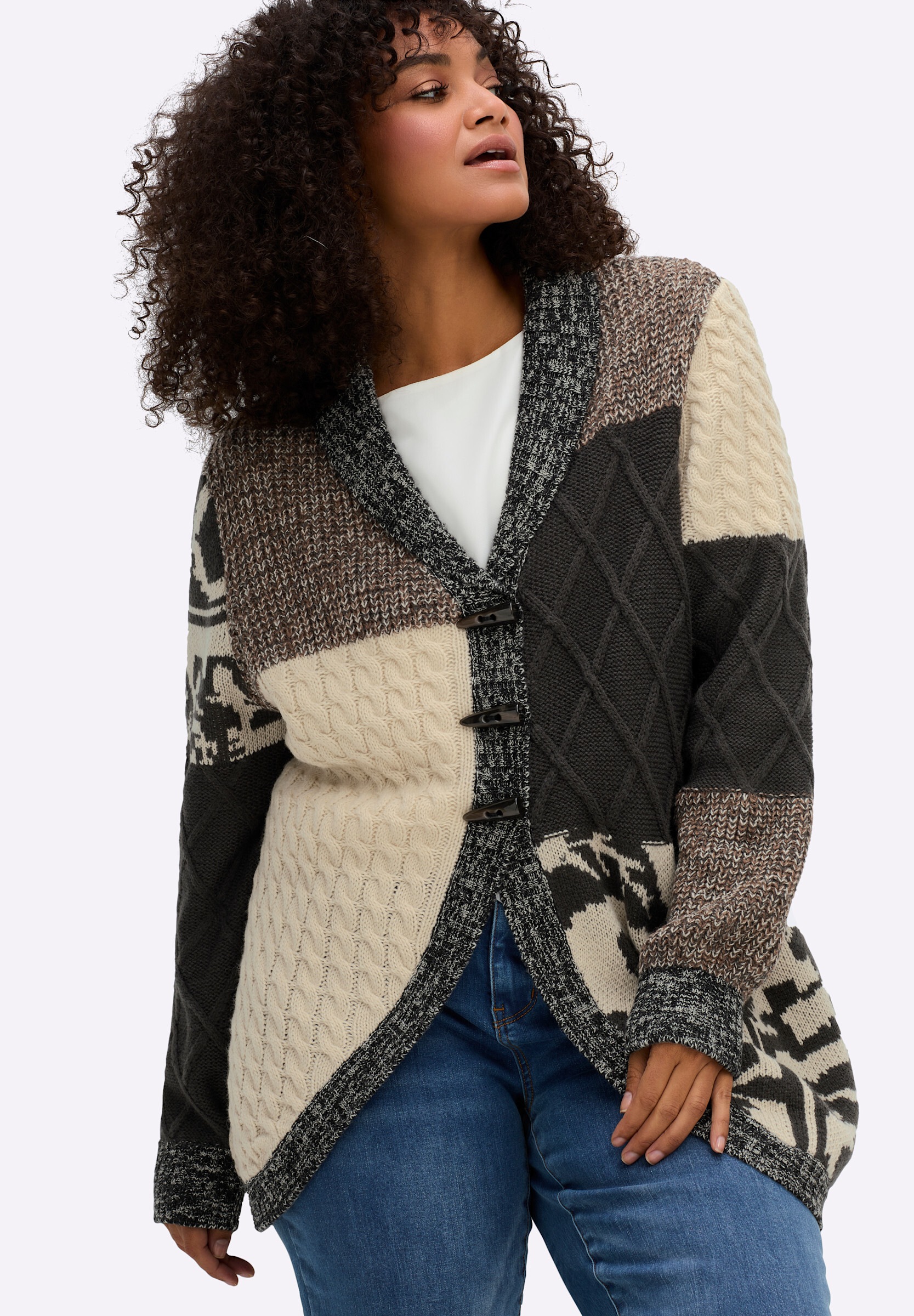 sheego by Joe Browns Strickjacke »Strickjacke Strickjacke im rustikalen Patchwork-Stil«