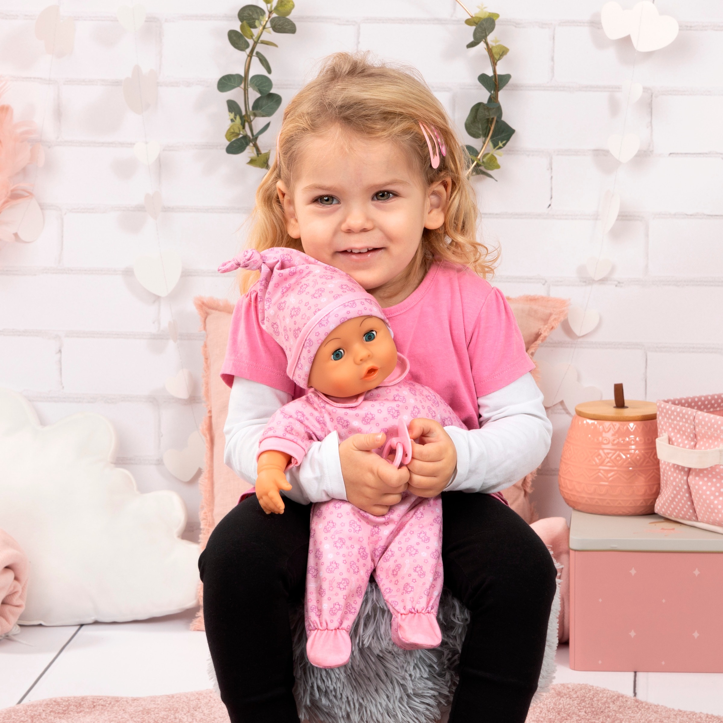 Bayer Babypuppe »First Words Baby, 38 cm, Schafe rosa«, (3 tlg.), mit Schlafaugen und Babygeräuschen