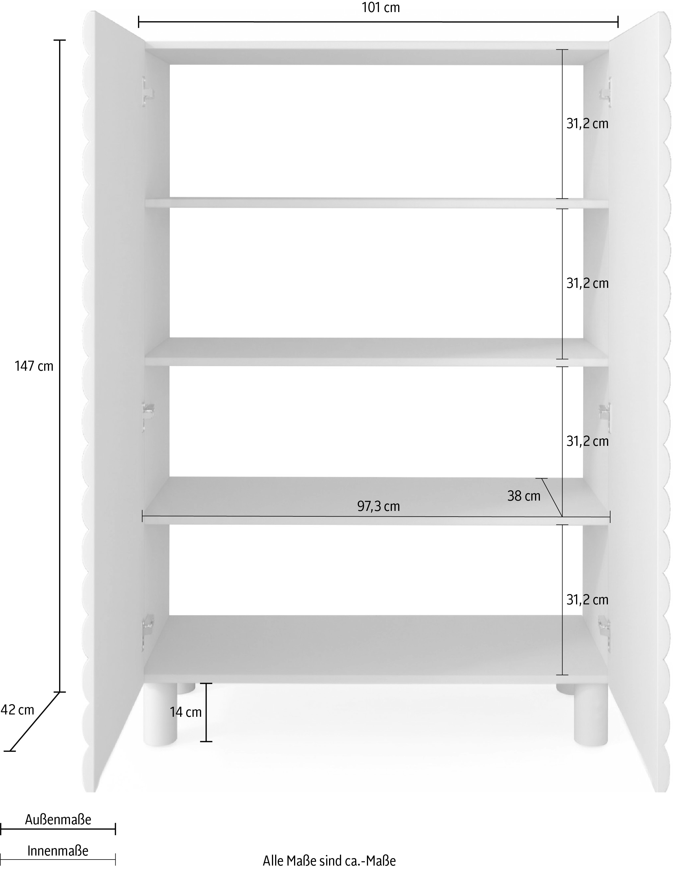 OTTO home Highboard »Adria, B/H 101/147 cm, 2 Türen, Hochkommode, Stauraumschrank« Korpus Talco Spatolato, MDF-Fronten in 3D-Design, viel Stauraum