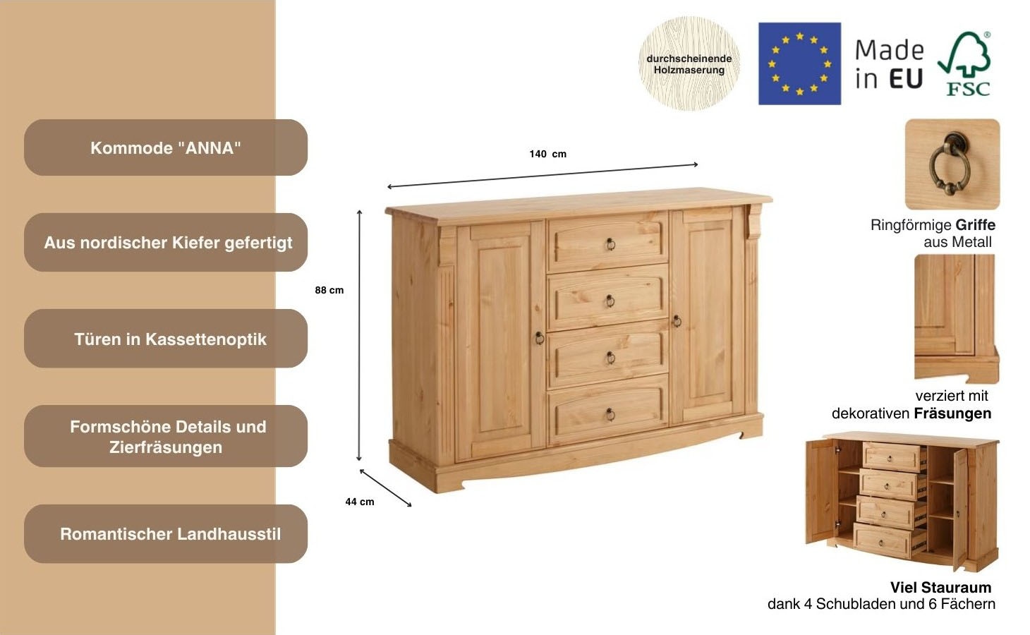 Home affaire Sideboard »Anna« Gesamtmaße (B/T/H): ca. 140/44/88 cm,  Kommode, Breite 140 cm, 4 Schubladen, 2 Türen, Massivholz, FSC®
