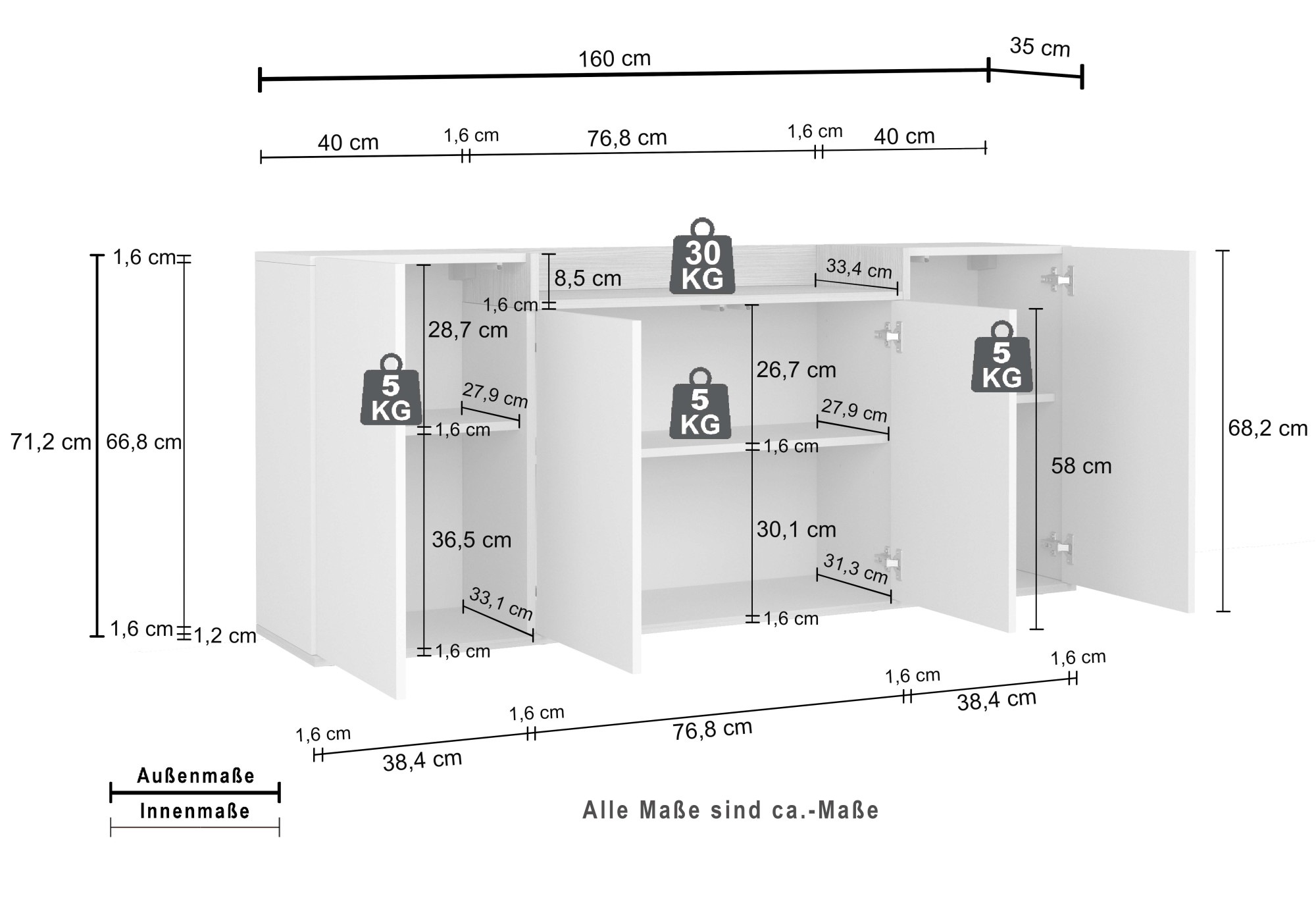 OTTO home Sideboard »BOLSENA, Kommode, Schrank,Lowboard mit 6 Fächer und offenes Ablagefach« 1 Stk. tlg. stehend/hängend montierbar, Made in Italy, B/T/H: 160 × 35 × 71,2 cm