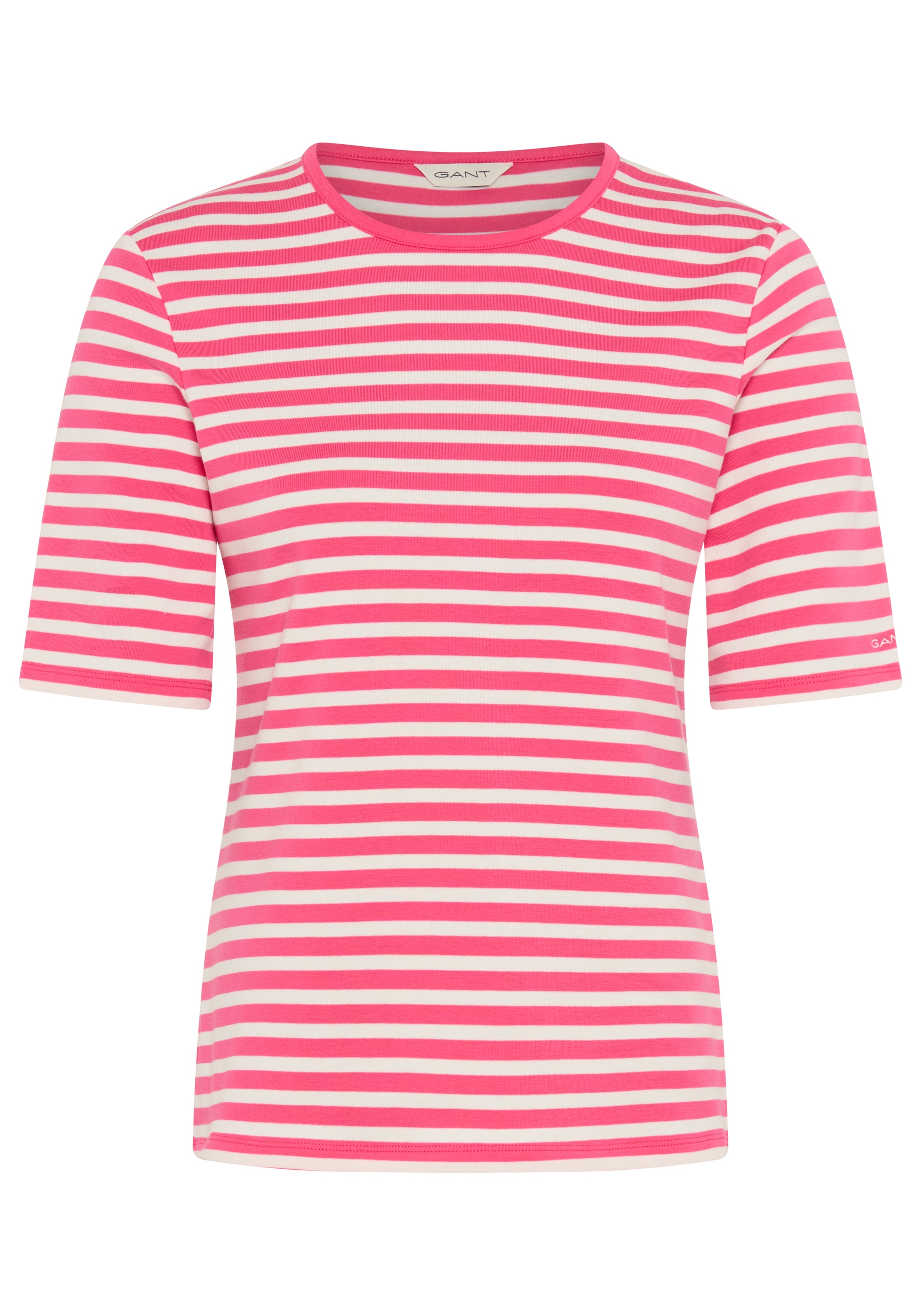 Gant T-Shirt »SLIM STRIPED 1X1 RIBBED KA T-SHIRT« mit dezentem Logoschriftzug am Ärmelabschluss