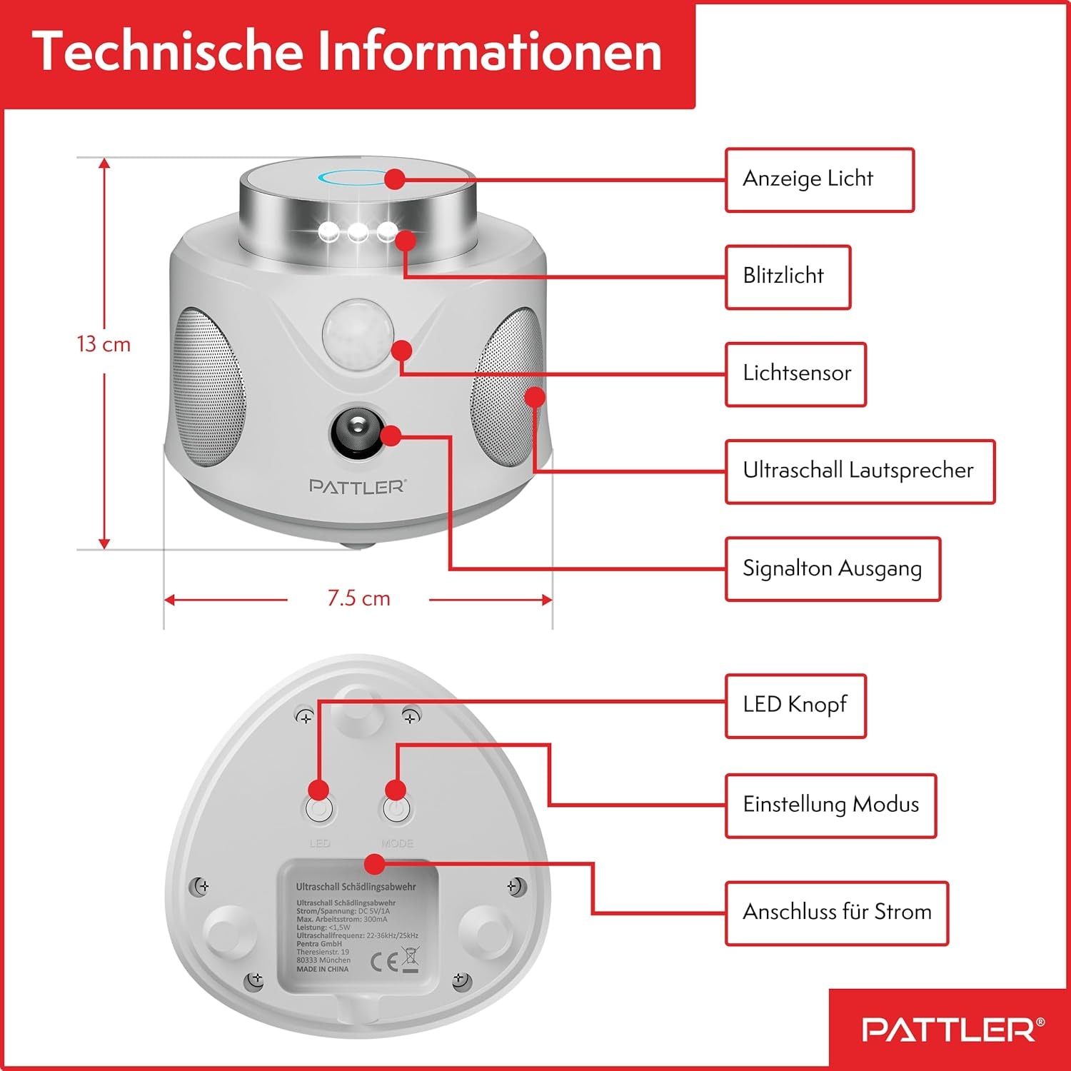 Pattler Ultraschall-Tierabwehr »360° Ultraschall Mäuseabwehr« 1 Gerät