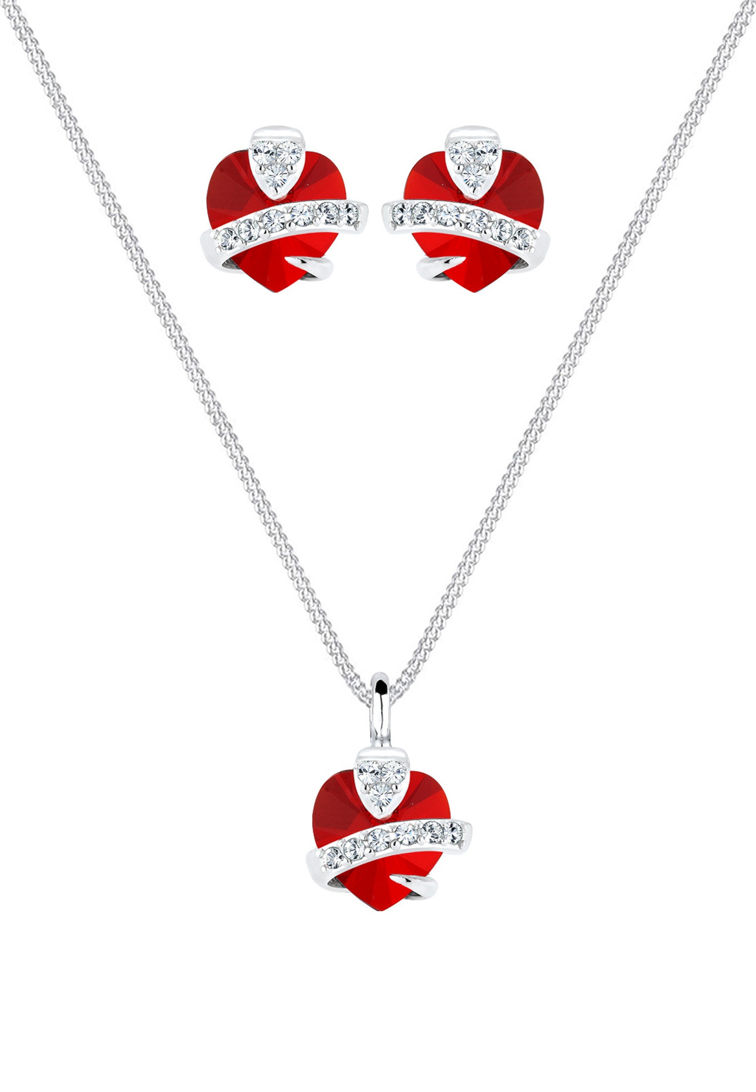 Elli Ohrring und Ketten Set »Schmuckset Herz Glamourös Kristalle 925 Silber«