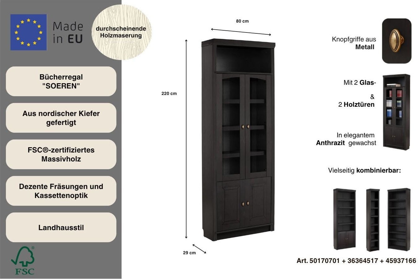 Home affaire Bücherregal »Soeren Vitrine mit 2 Glastüren, Breite/Tiefe: 80/220 cm« Kiefer massiv, Tiefe 29 cm, 2 Holz- und 2 Türen mit Klarglas- Einsatz